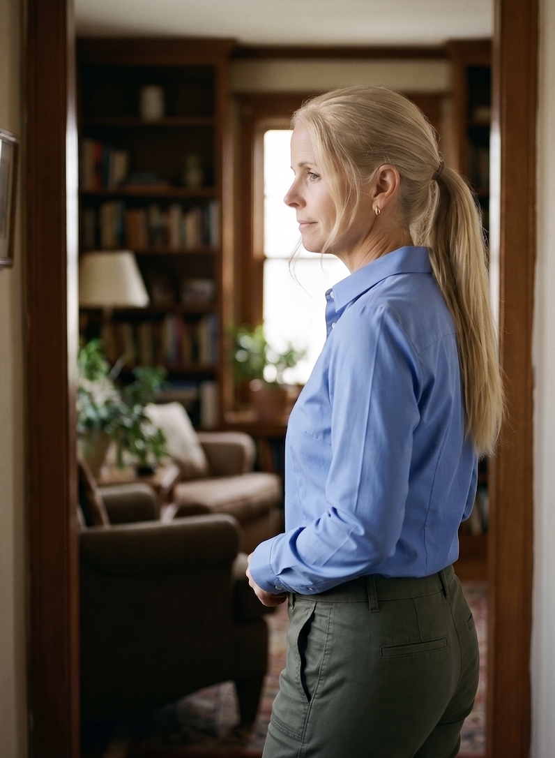 Woman standing in a doorway reflecting on her living space and considering downsizing in Louisville