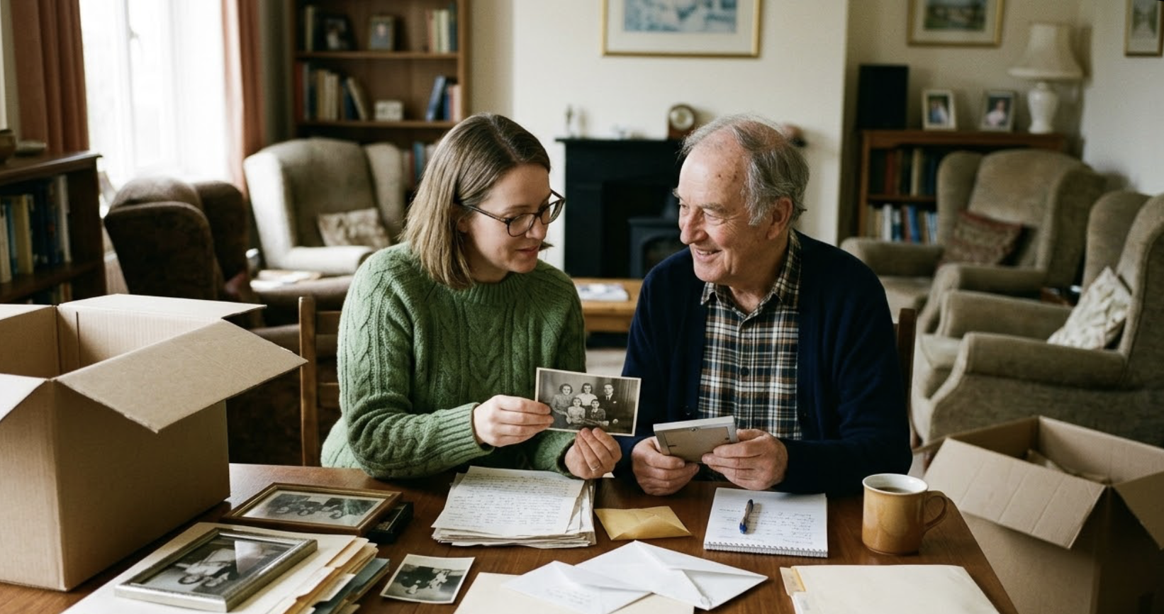 Adult daughter helping aging parent sort family photographs while preparing to downsize a longtime home in Louisville Kentucky.