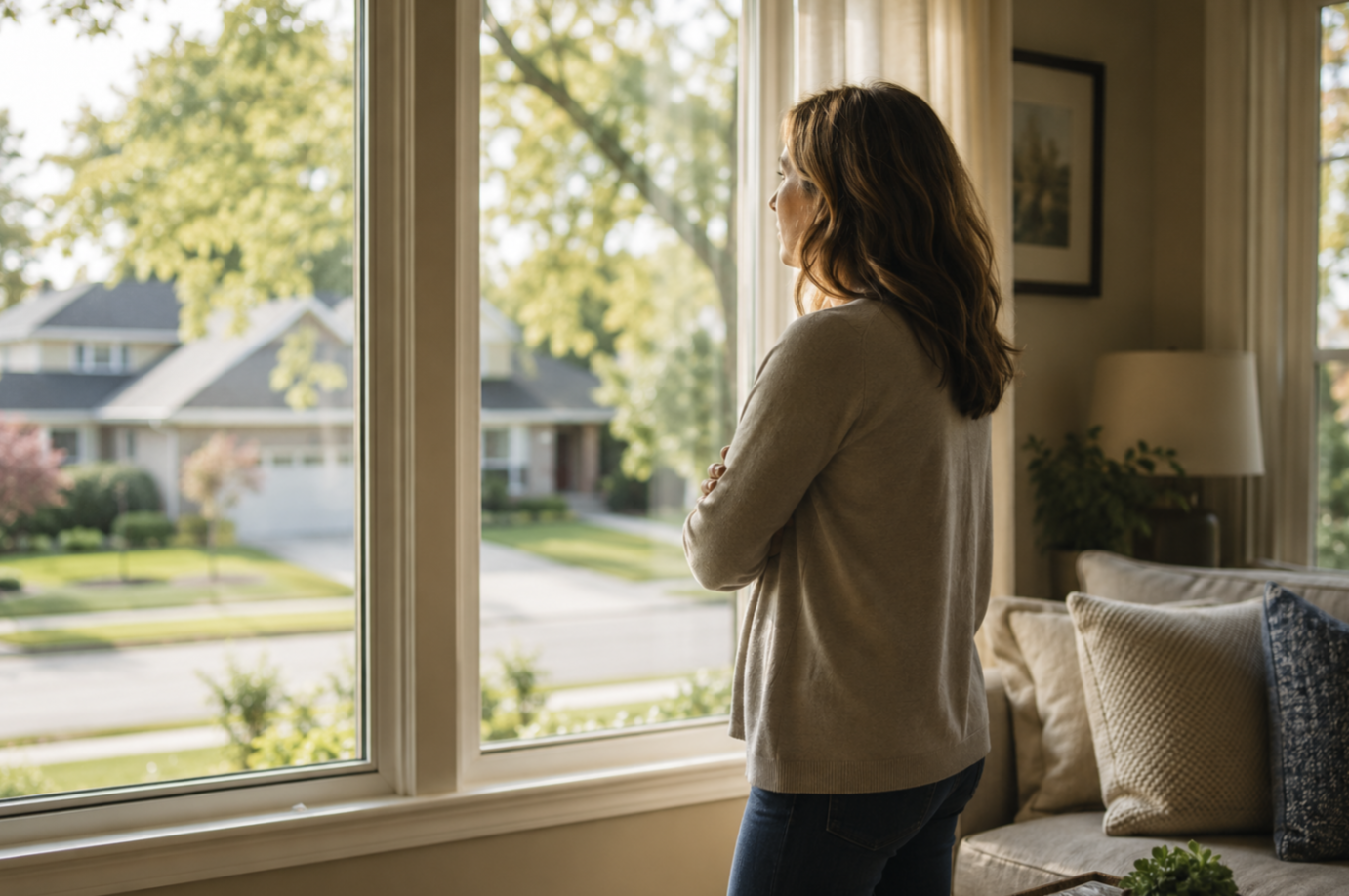 Louisville homeowner looking out a window while considering the value of their home before selling.