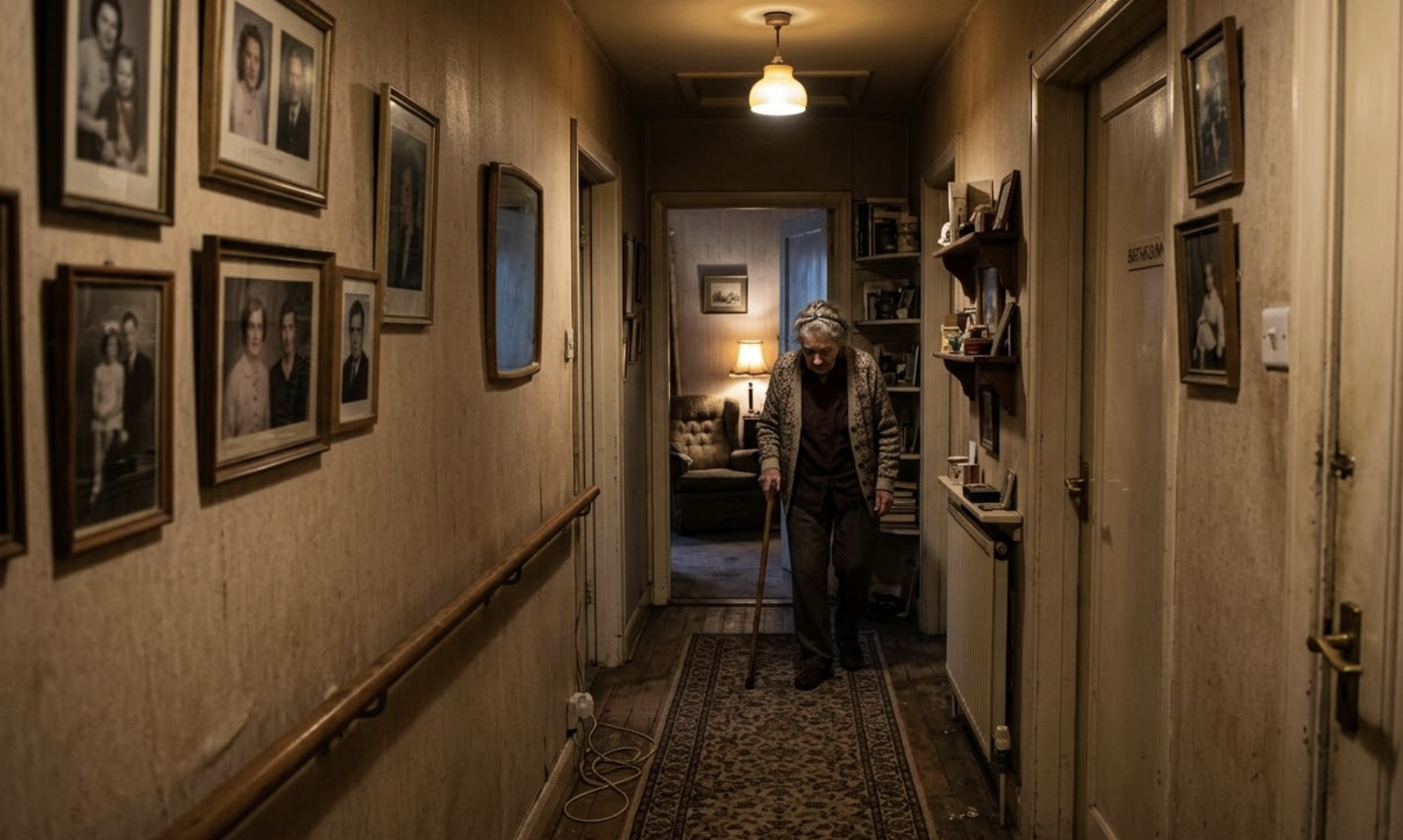 dimly lit hallway creating a fall risk for an older adult walking with a cane