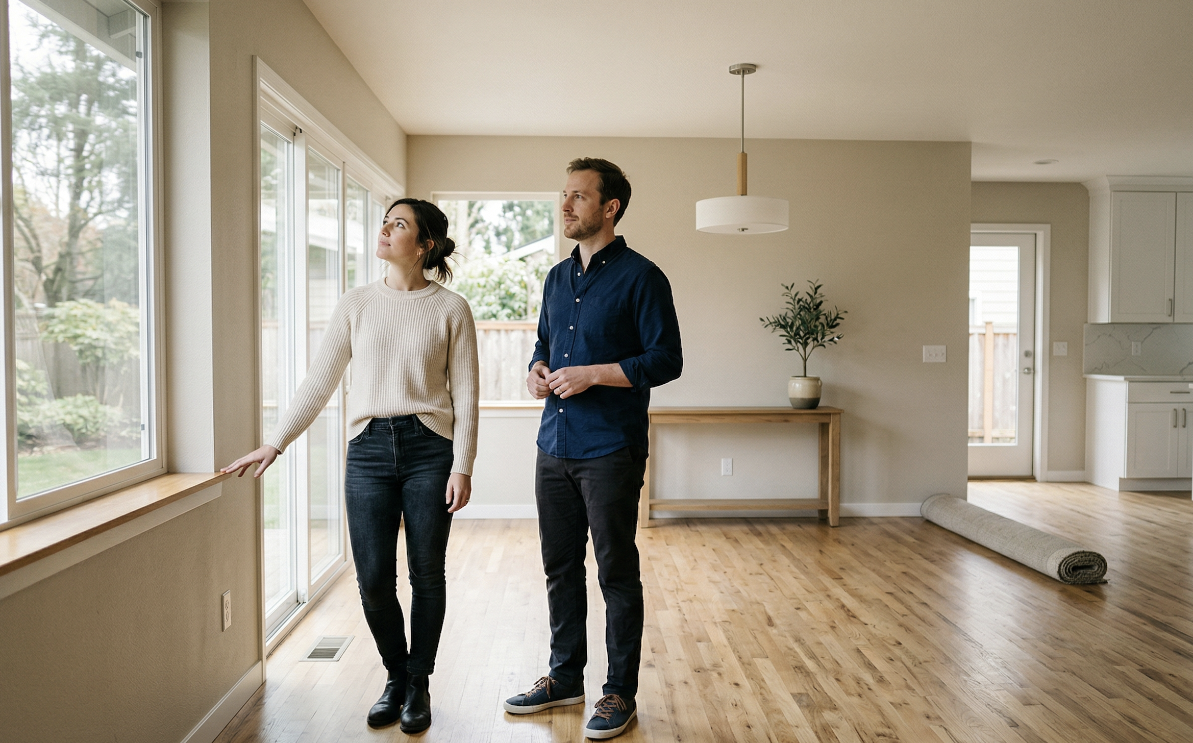 couple walking through home in Louisville Kentucky evaluating space before buying