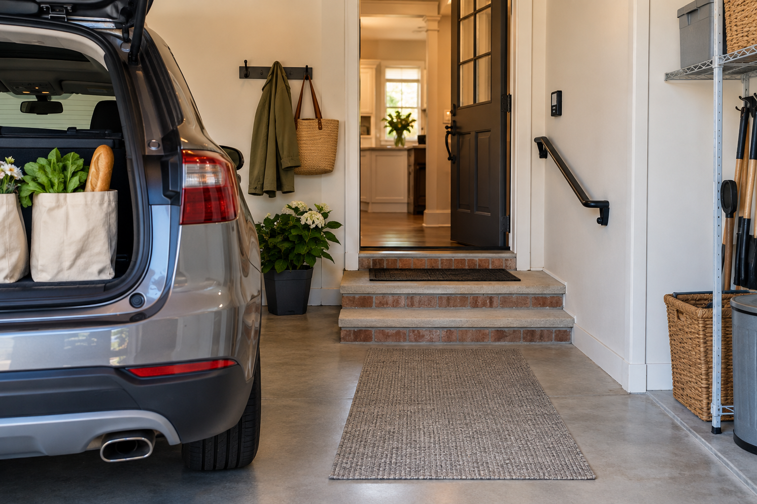 Residential garage entrance showing the everyday route from a parked car into the home.