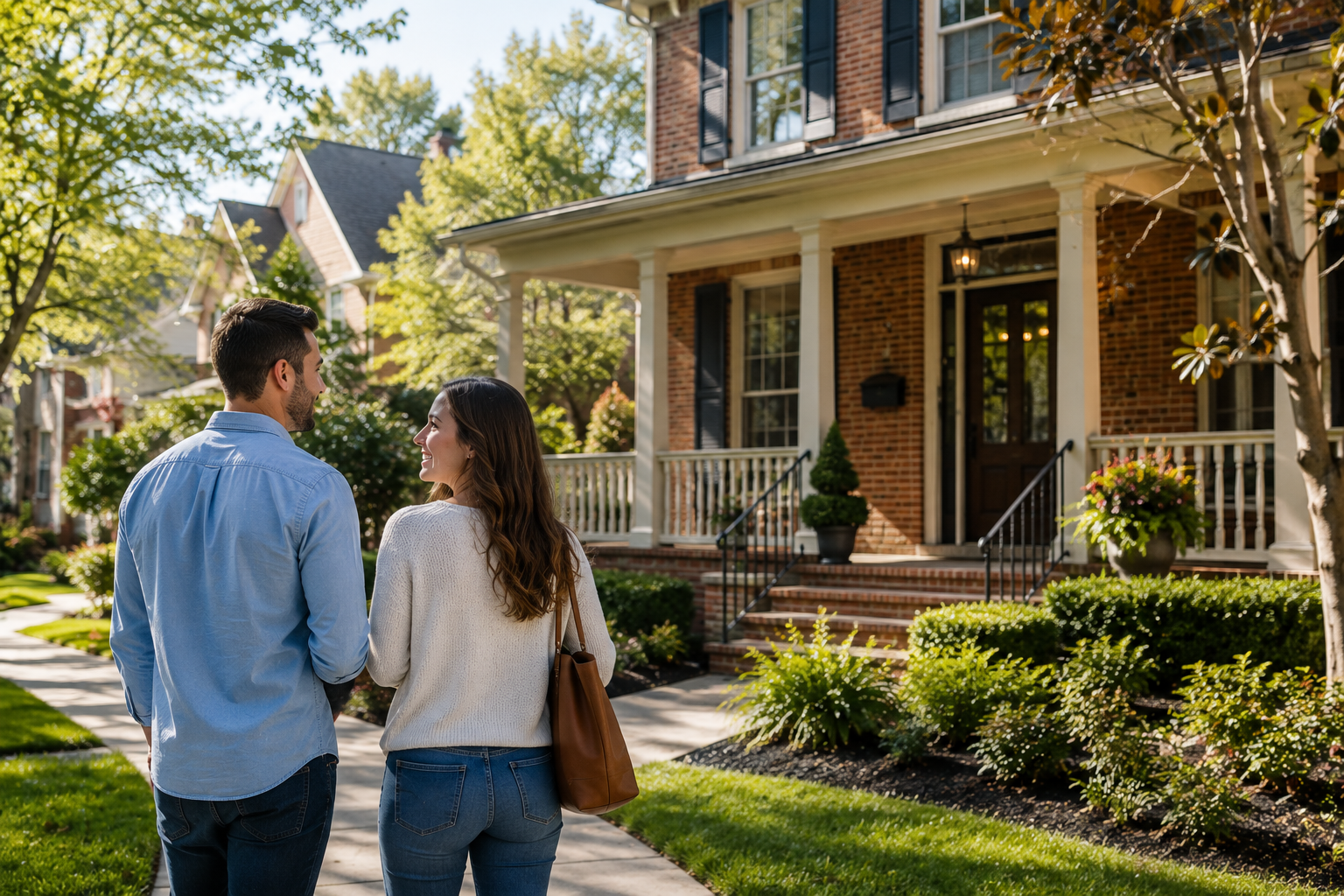 Couple standing outside a beautiful home while planning to buy a home in Louisville, Kentucky.