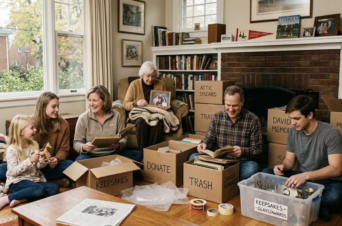 Family sorting keepsakes and belongings while preparing for downsizing a long-time home in Louisville Kentucky