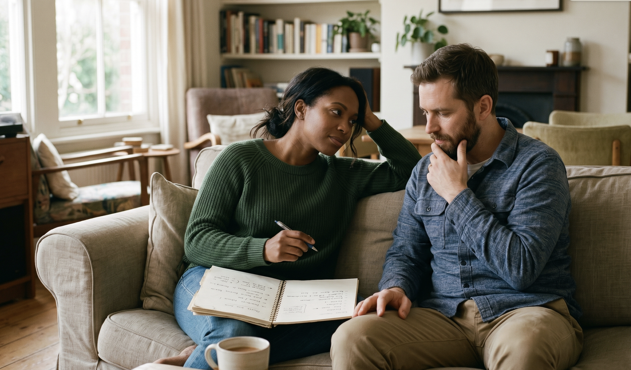 Louisville homeowners thoughtfully discussing a major real estate decision during an uncertain housing market