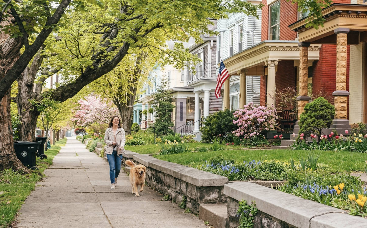 Street view of homes in the St. Matthews neighborhood in Louisville, Kentucky.