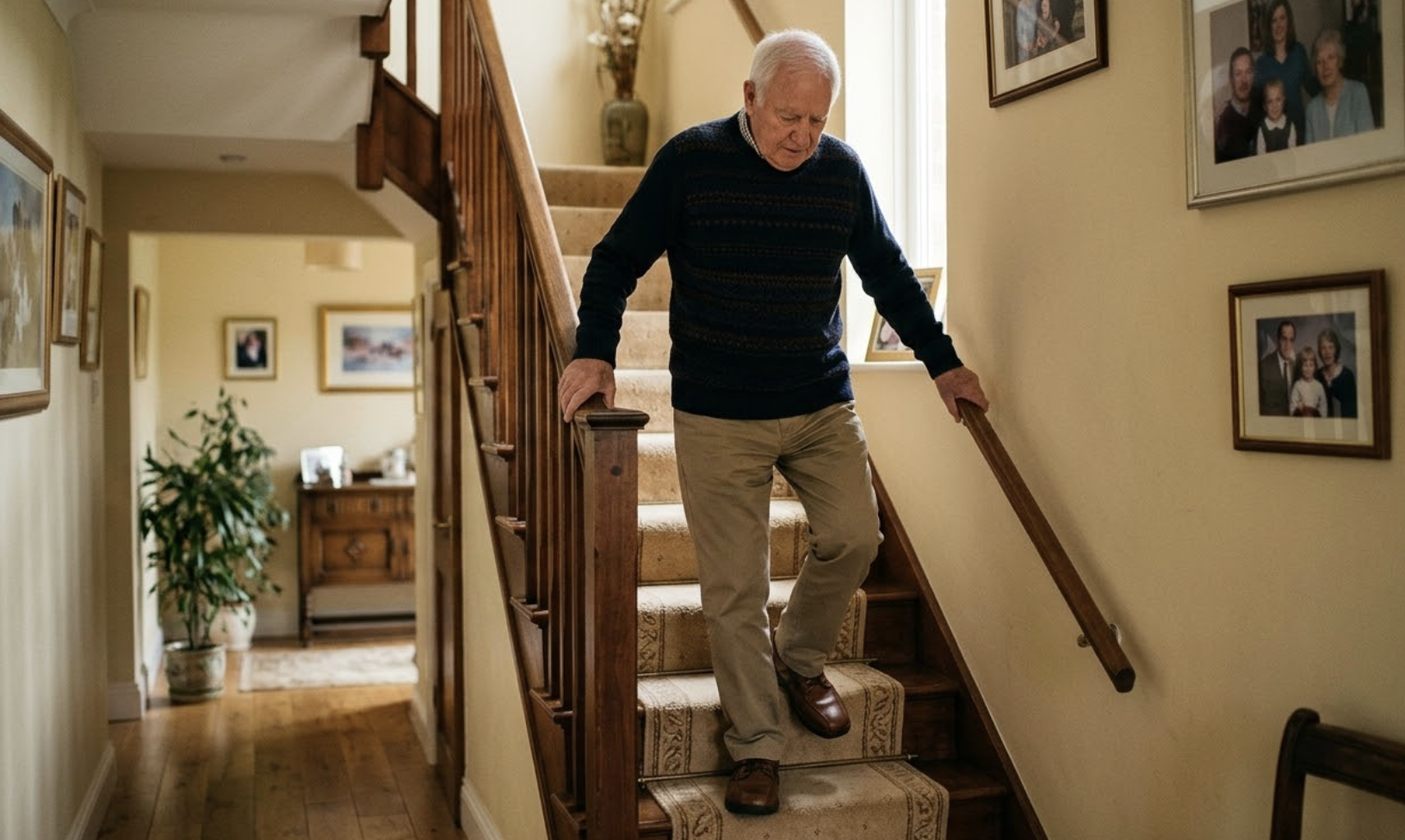 older adult carefully descending stairs highlighting fall risk in multi level homes