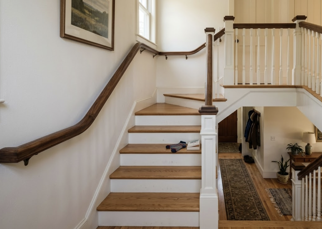 indoor staircase with handrails illustrating stair safety considerations for aging in place homes
