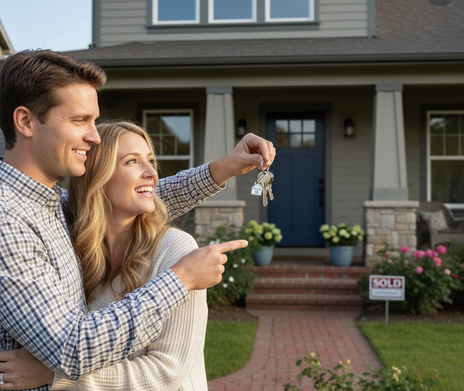 A happy couple standing in front of a house, holding keys, with a 'Sold' sign in the yard.
