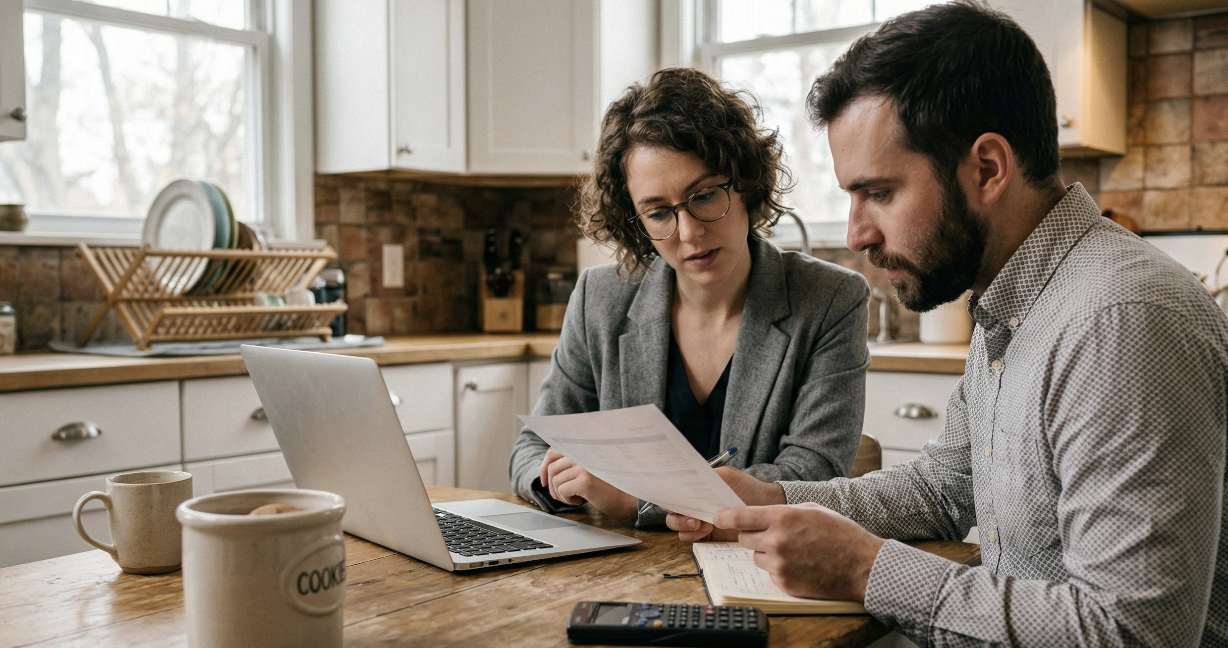 reviewing home selling costs and paperwork in Louisville Kentucky with calculator and documents