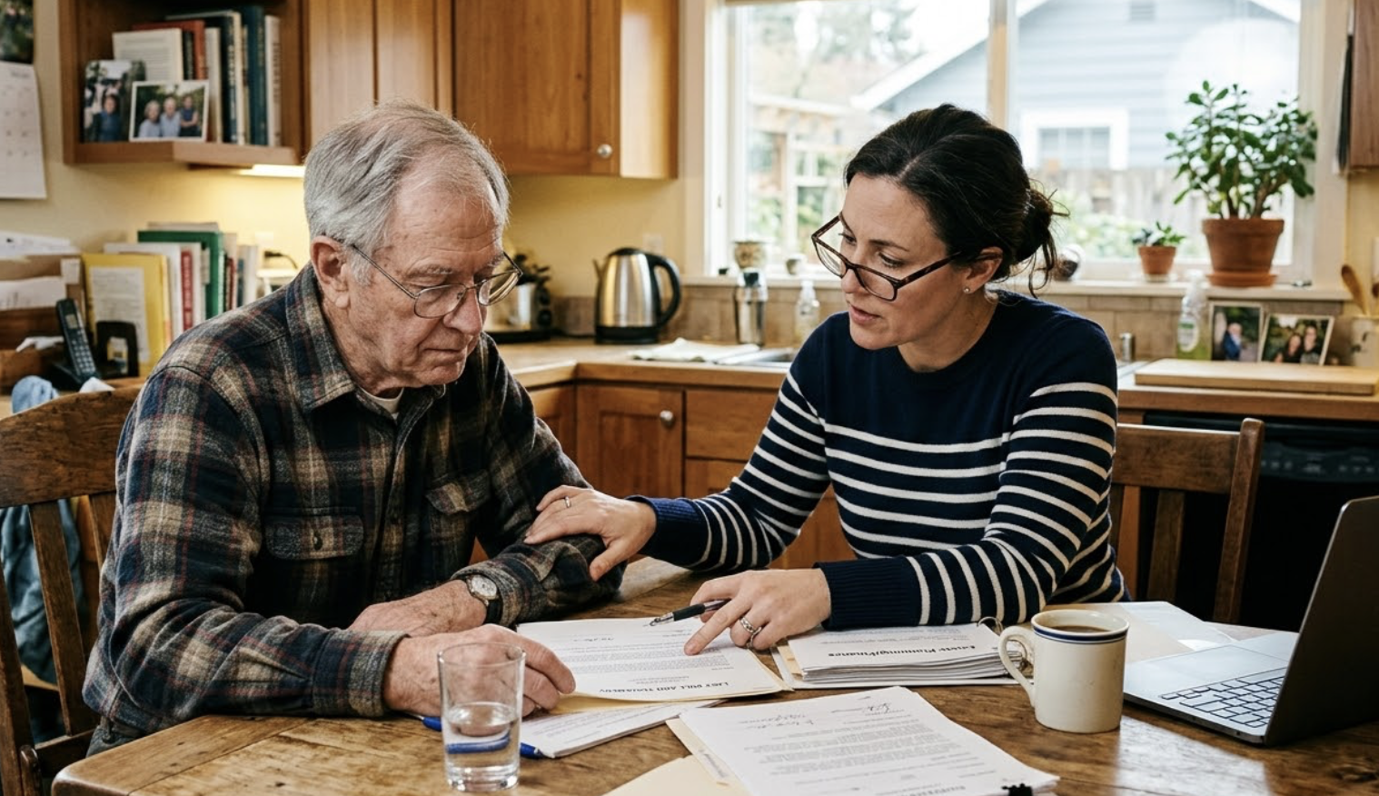 Adult child helping aging parent plan downsizing and organize belongings in Louisville home