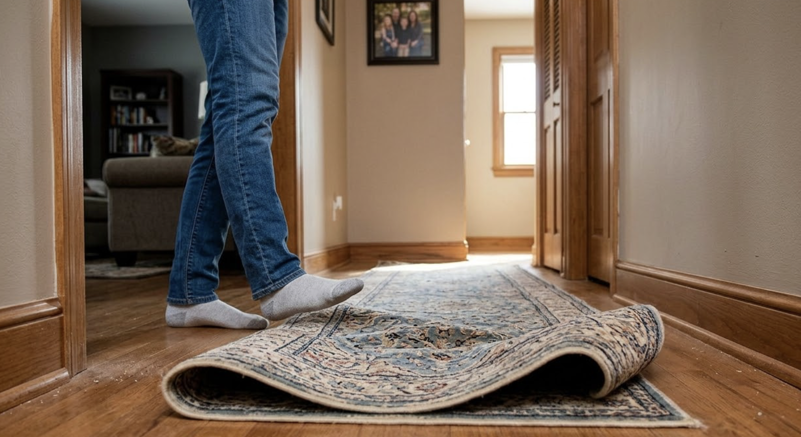 loose throw rug creating a tripping hazard in a home hallway