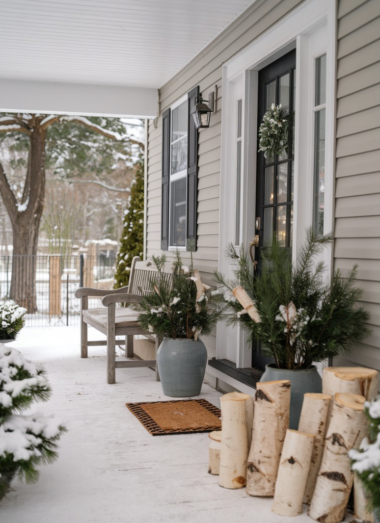 Covered front porch of a Louisville home in winter, representing calm, long-term homeownership and thoughtful buying decisions in the 2026 housing market.