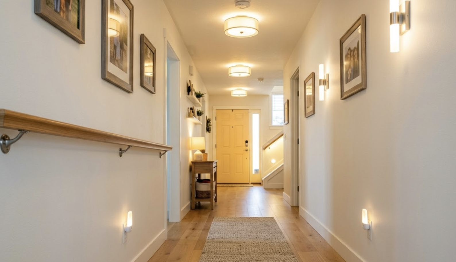 well lit hallway with handrail and night lighting designed for senior home safety and aging in place