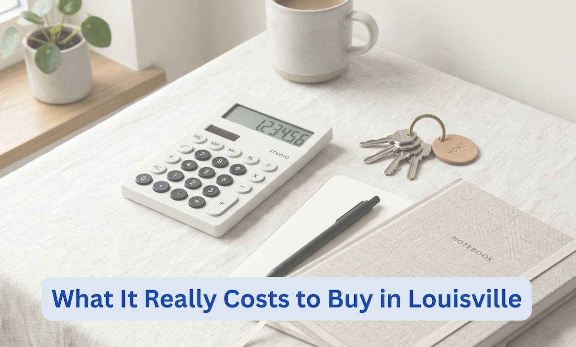 Calculator, keys, and notebook with overlay text showing real costs to buy a home in Louisville