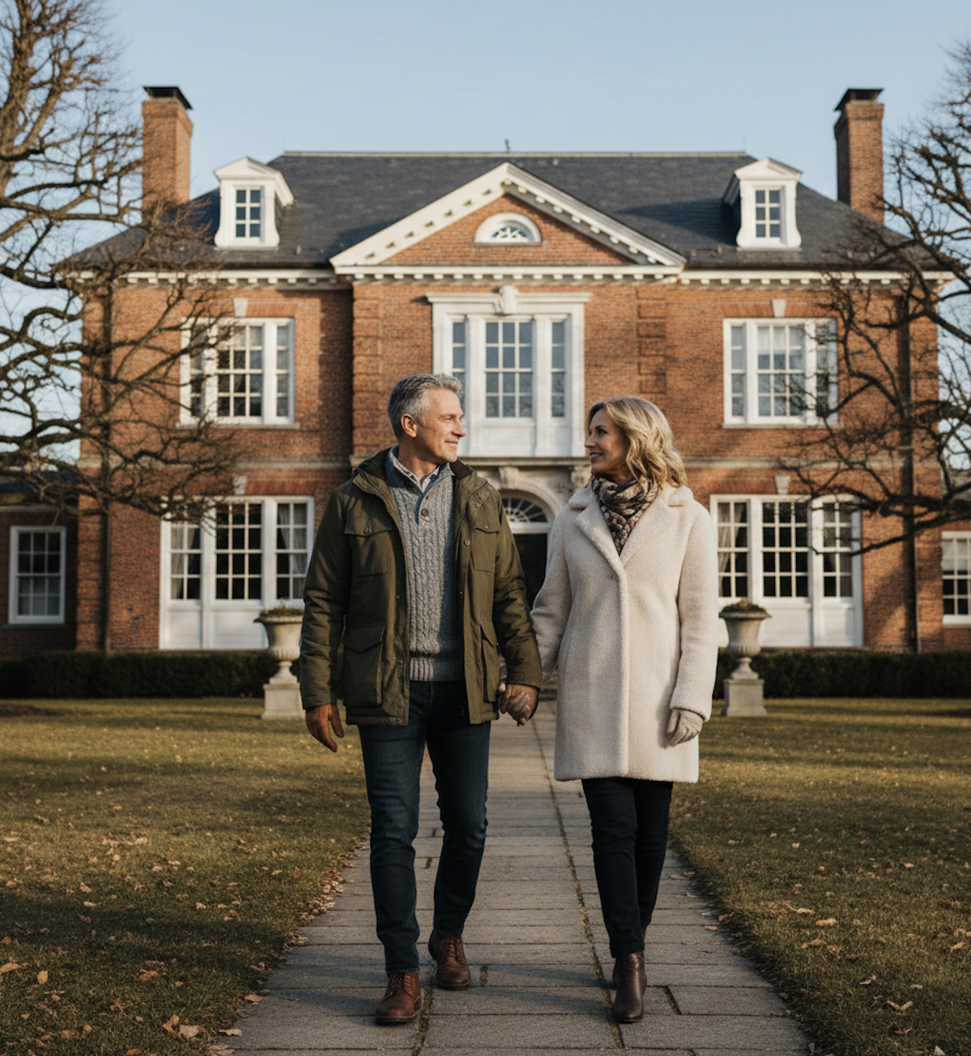 Middle-aged couple walking hand-in-hand in winter outside a stately brick home, representing thoughtful planning for a future move in Louisville.