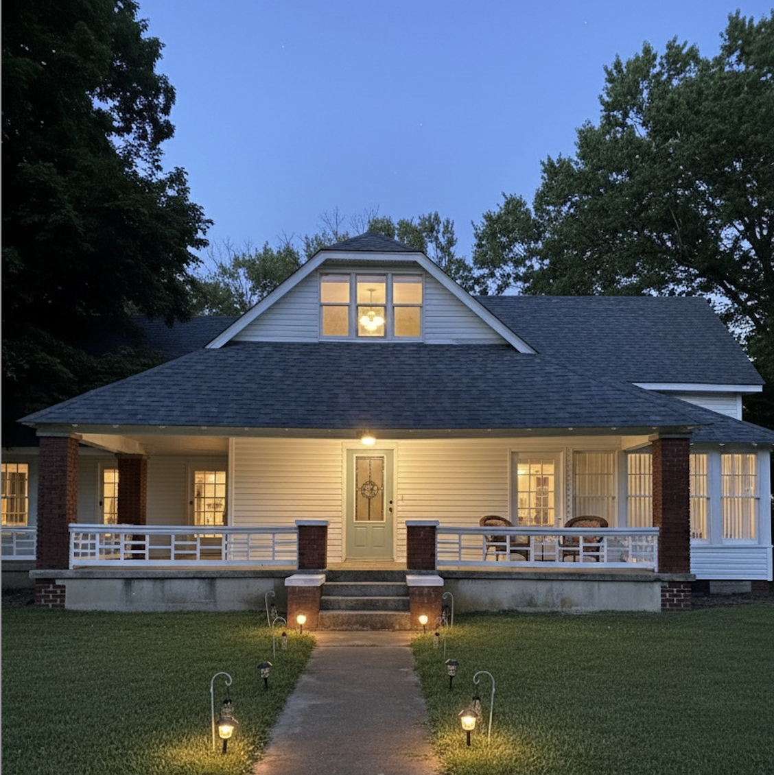 A cozy house with a porch, illuminated by outdoor lighting at dusk, surrounded by a lush green lawn and trees in the background.