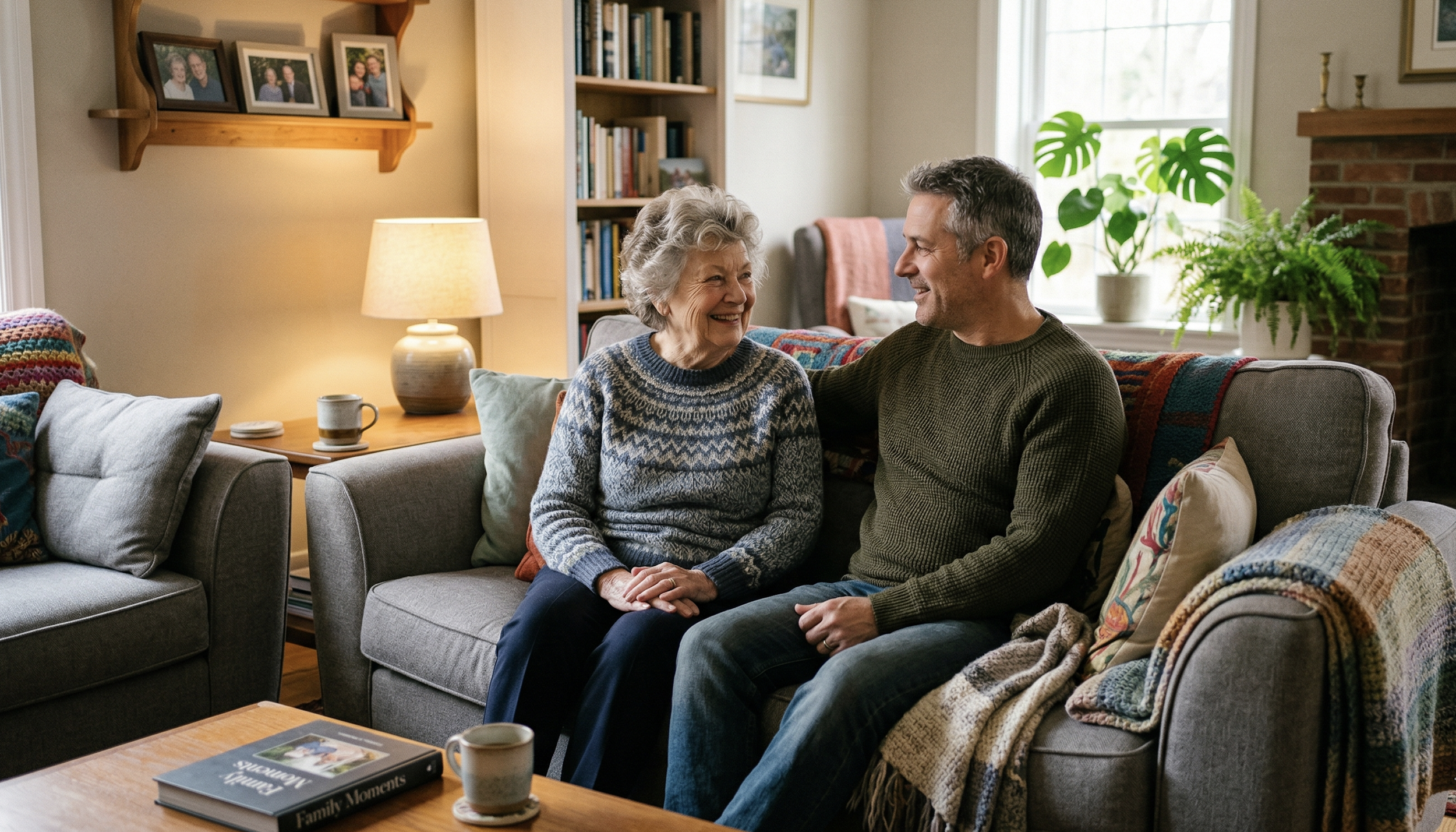 Adult son sitting with his older mother on a couch in a living room, having a calm and supportive conversation about future living decisions.