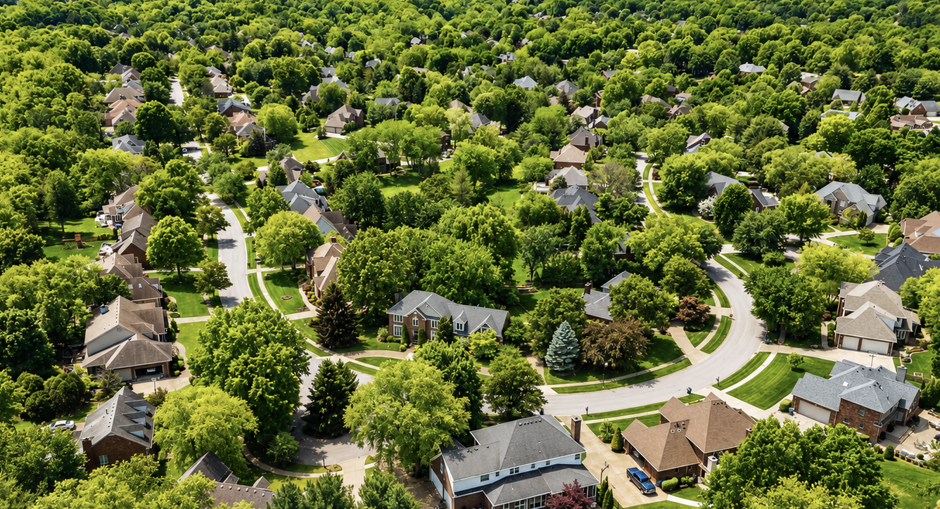 Aerial view of the Wolf Creek neighborhood in Louisville, Kentucky, featuring mature trees, spacious homes, and established residential streets.