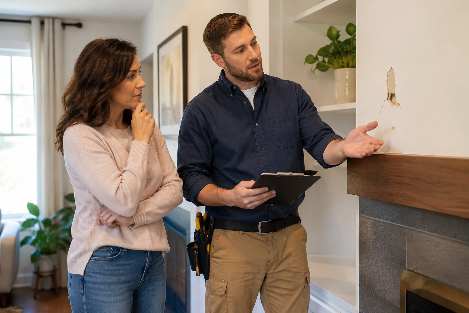 A homeowner and contractor examine wall damage and discuss repair options inside the home.