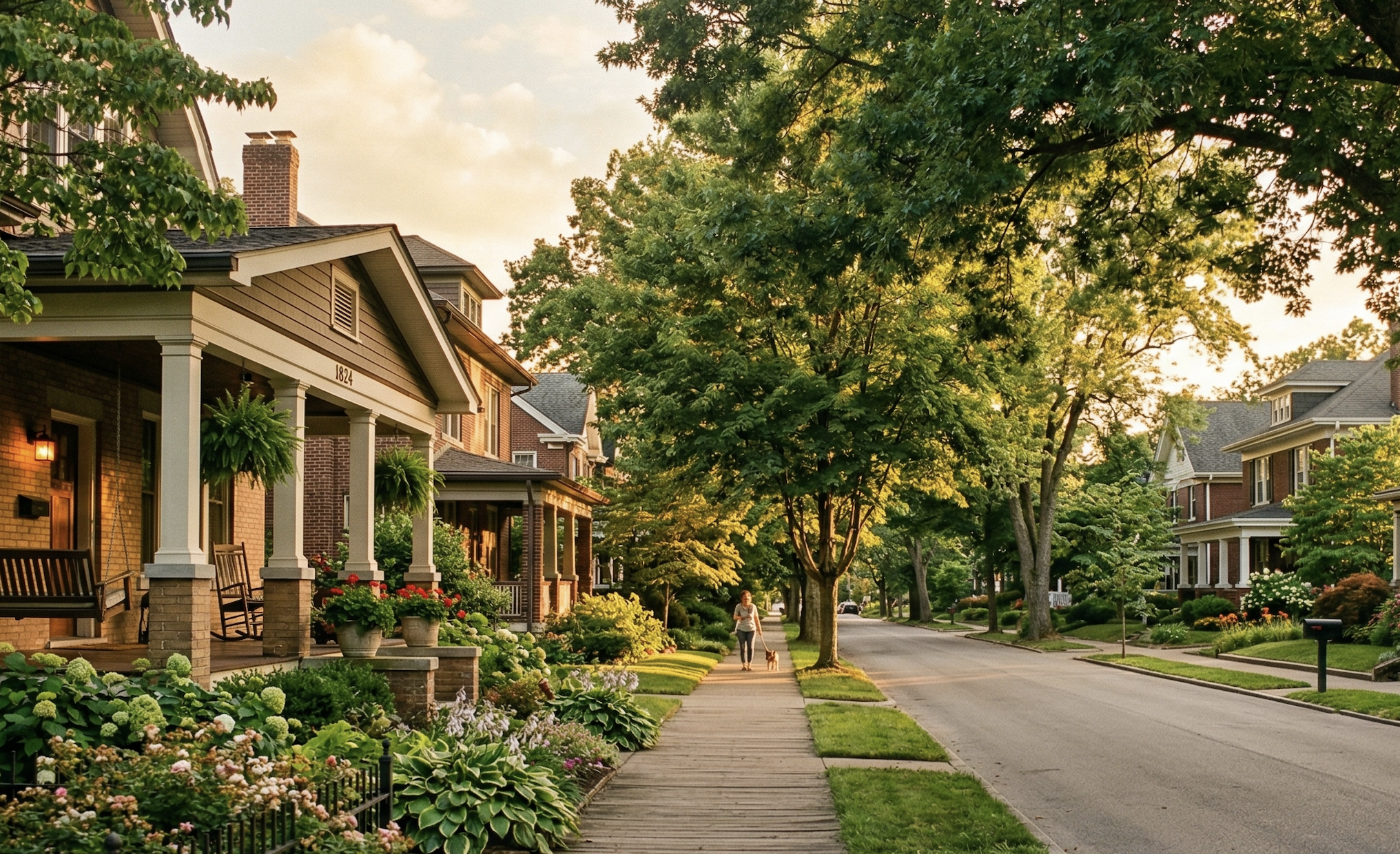 Louisville KY residential neighborhood with tree-lined street and walkable sidewalk showing everyday lifestyle