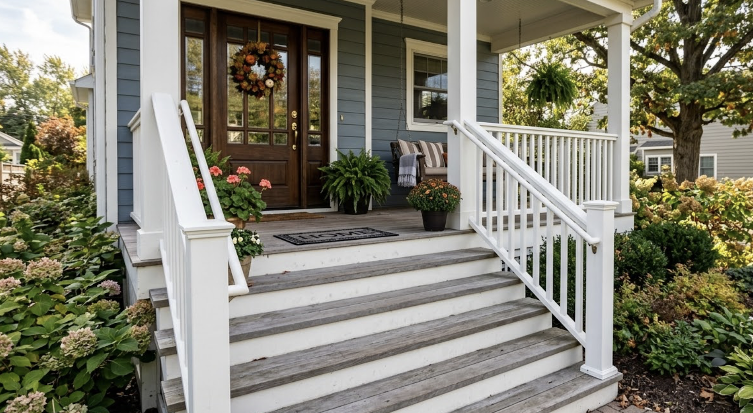 front porch entry steps with handrails highlighting common fall risks for older adults