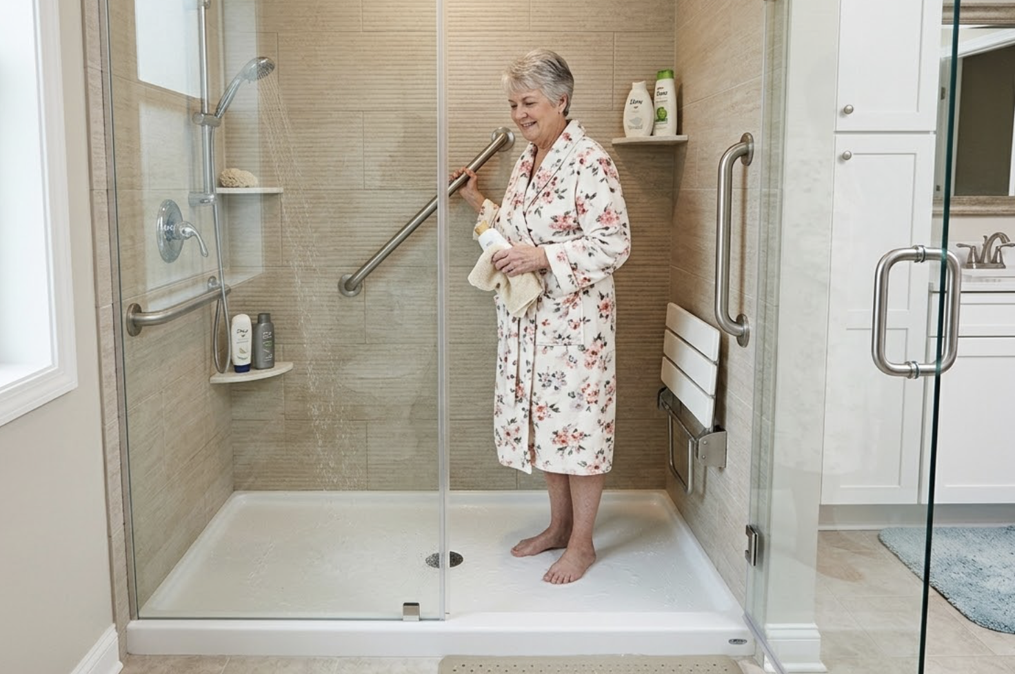 senior standing in walk in shower with grab bars demonstrating safe aging in place bathroom design