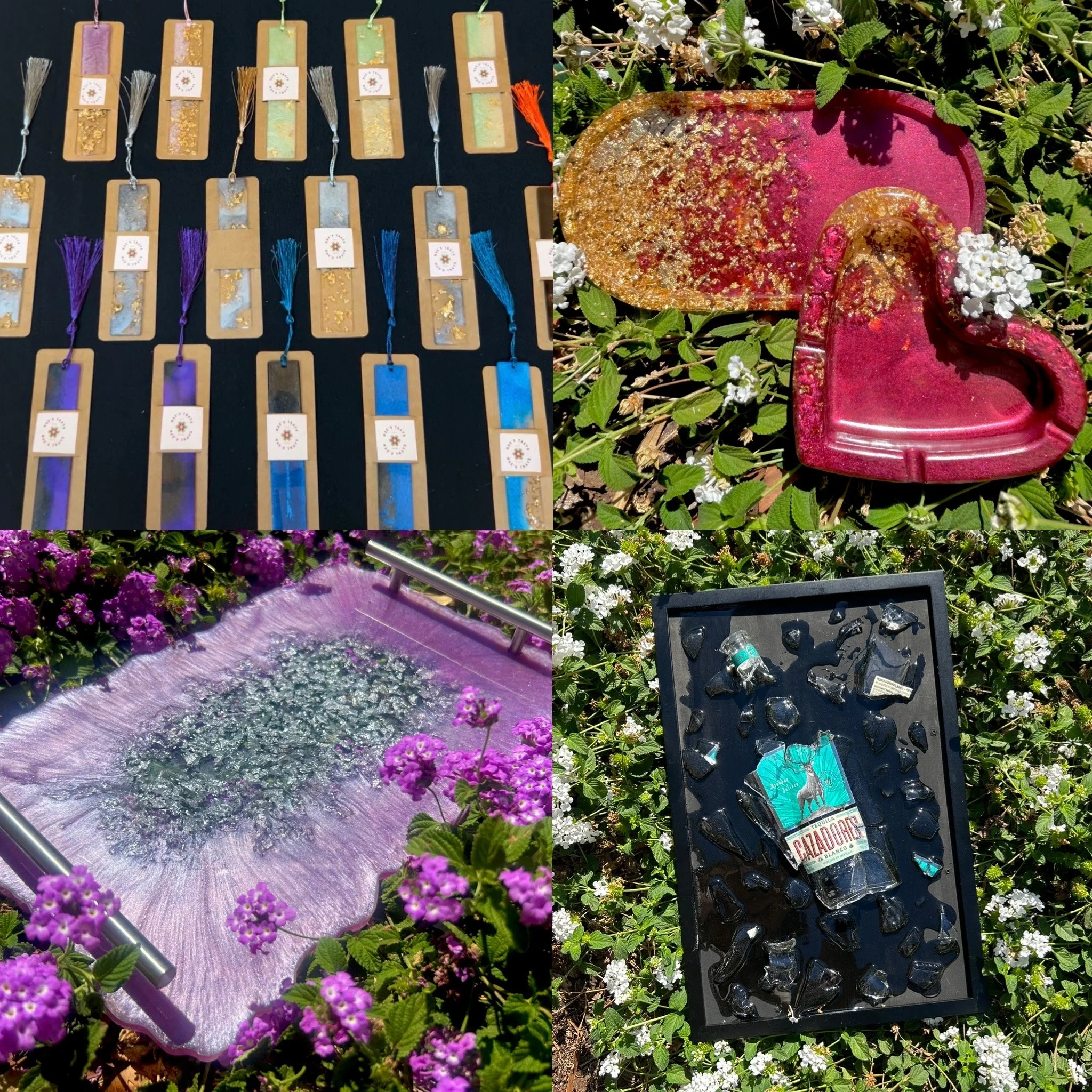A collage of four images including colorful glass bookmarks, two heart-shaped glass dishes with gold accents, a glass art piece surrounded by pink flowers, and a framed collection of small glass souvenirs among white flowers.
