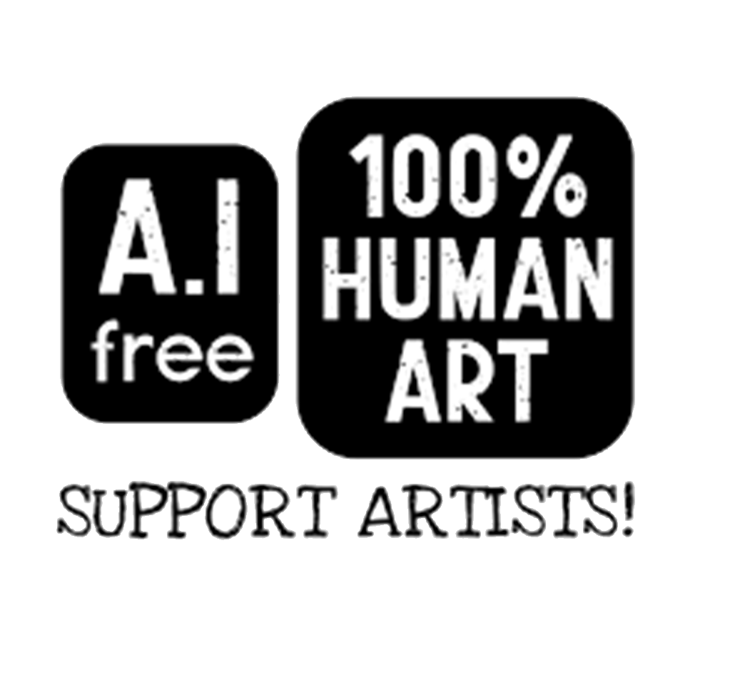 Graphic promoting support for artists, indicating the art is AI-free, 100% human art, and free AI, with bold text in black and white.