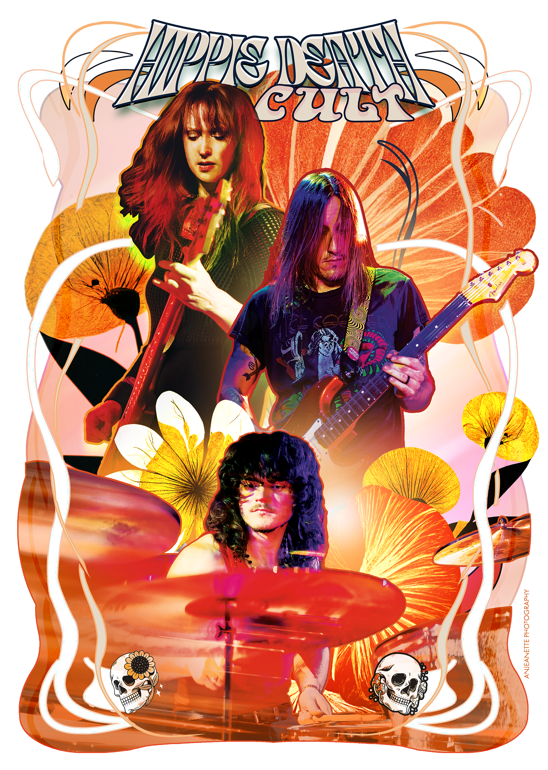A colorful collage featuring three musicians with electric guitars and a drum set, floral and skull graphics, and the band name 'Happie D'sa' m' on top.