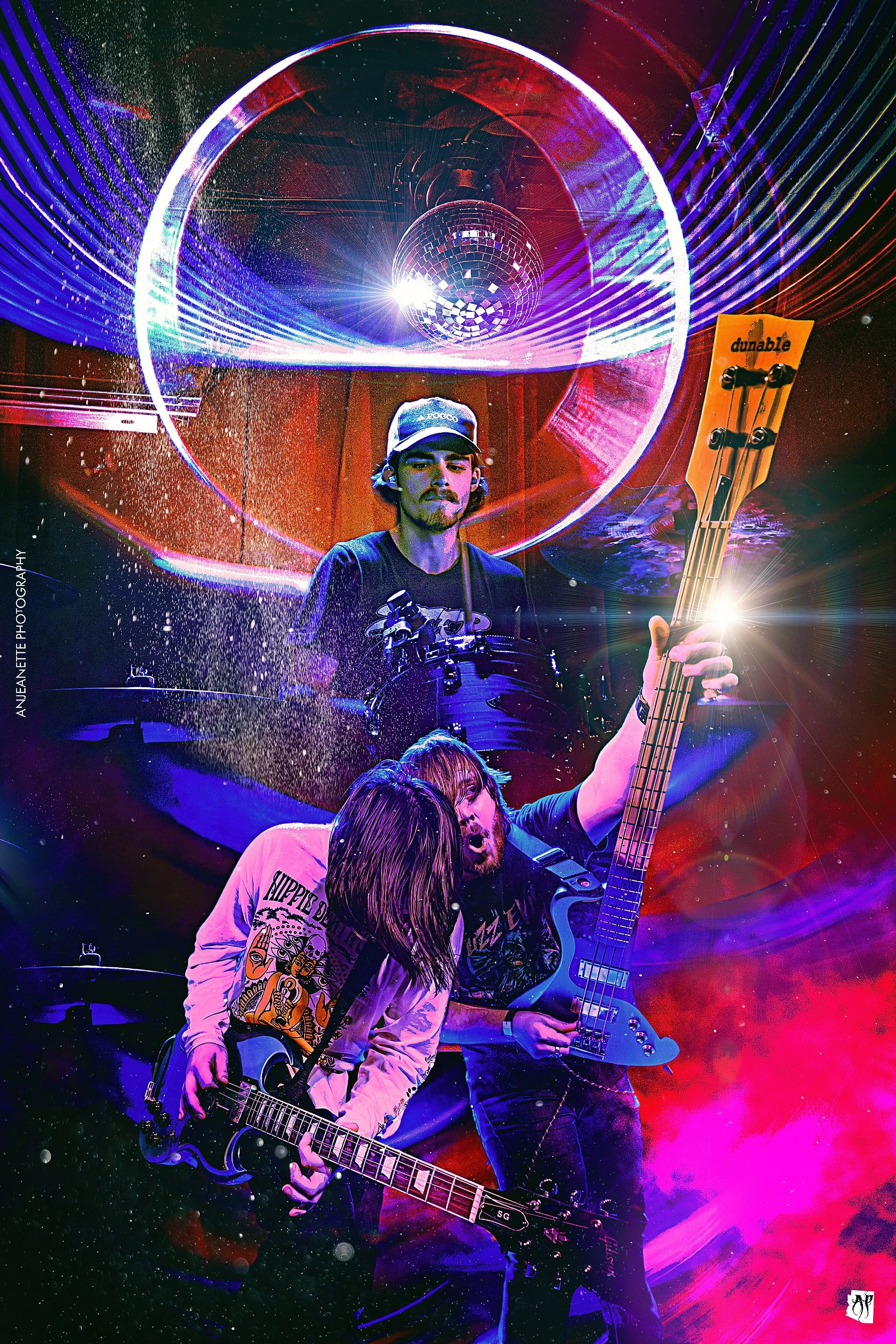 Two musicians performing with electric guitars in a vibrant, colorful setting featuring light streaks, a disco ball, and cosmic effects.