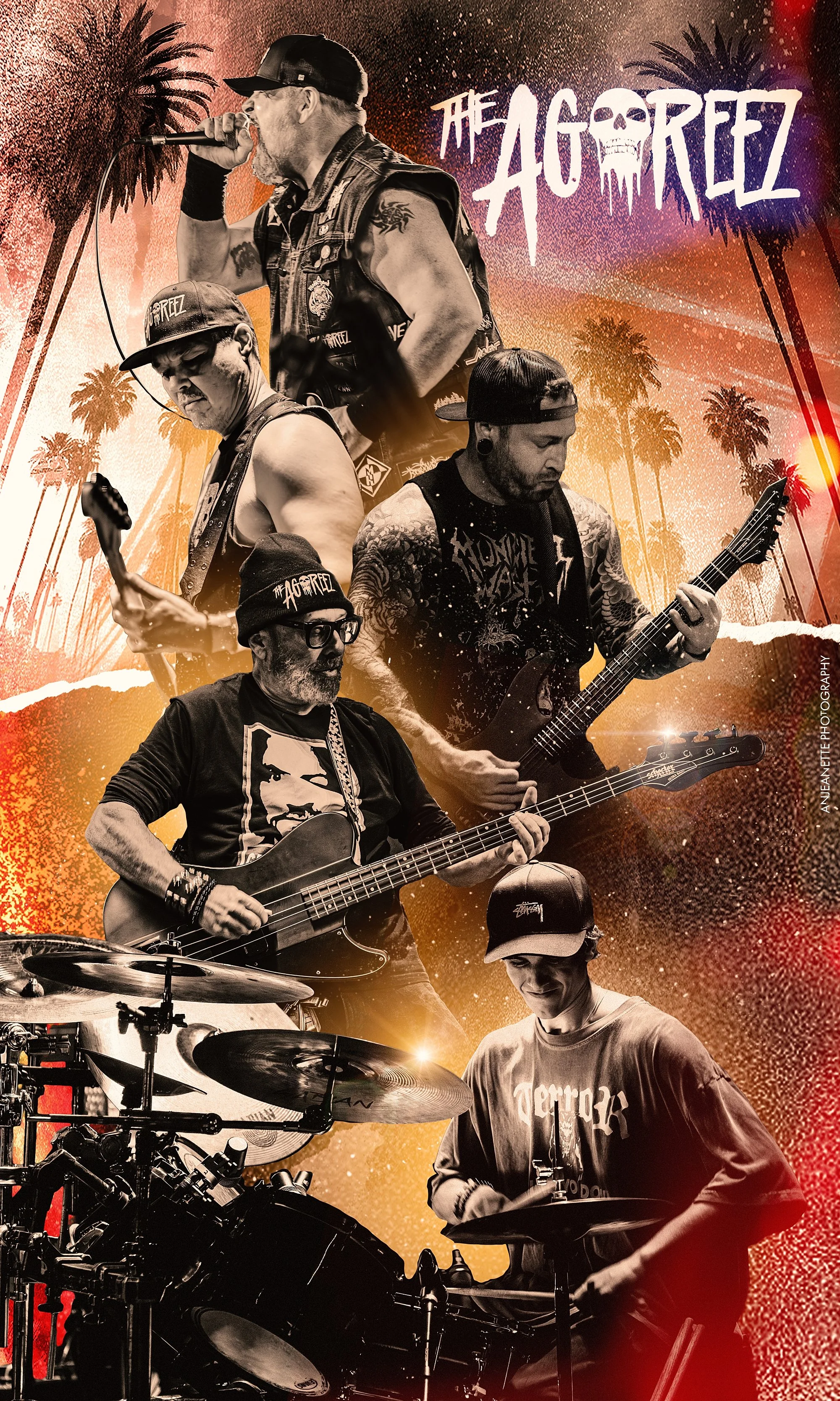 Poster featuring a band called The Agoretz with five members playing instruments, set against a background of palm trees and a sunset, with the band members in black and gray tones, some wearing hats and sunglasses.