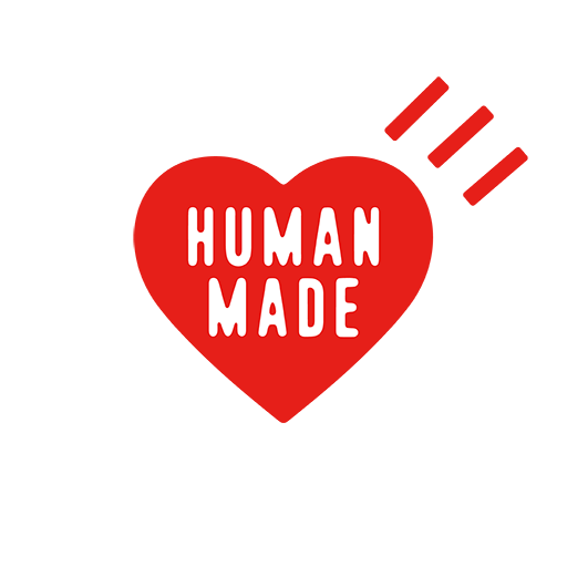 Red heart with white text reading 'HUMAN MADE' and three red lines above it.