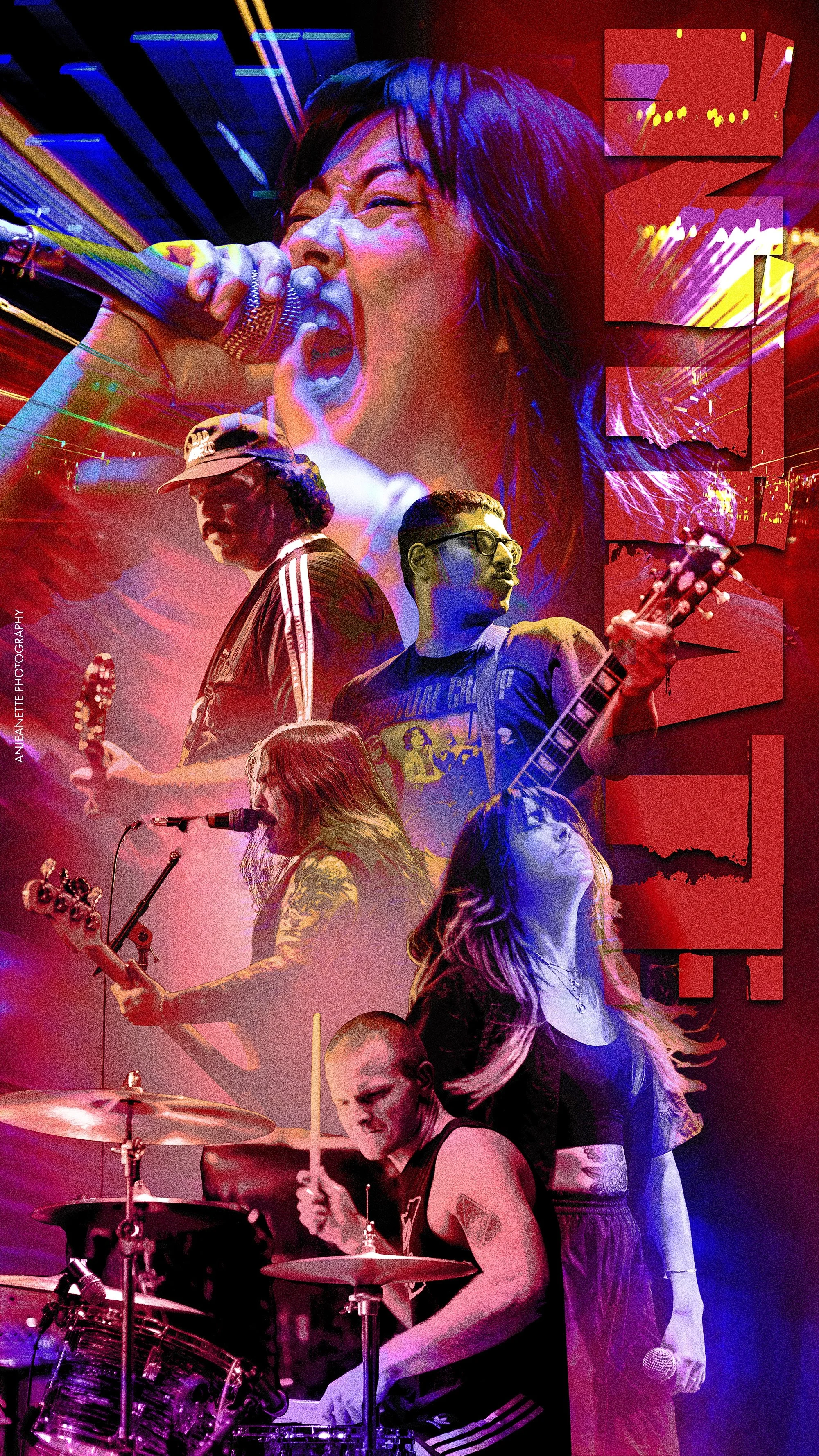 A montage of musicians performing live on stage, including a female singer with a microphone, two male guitarists, a female bassist, and a male drummer, all set against a backdrop of abstract colorful light effects.