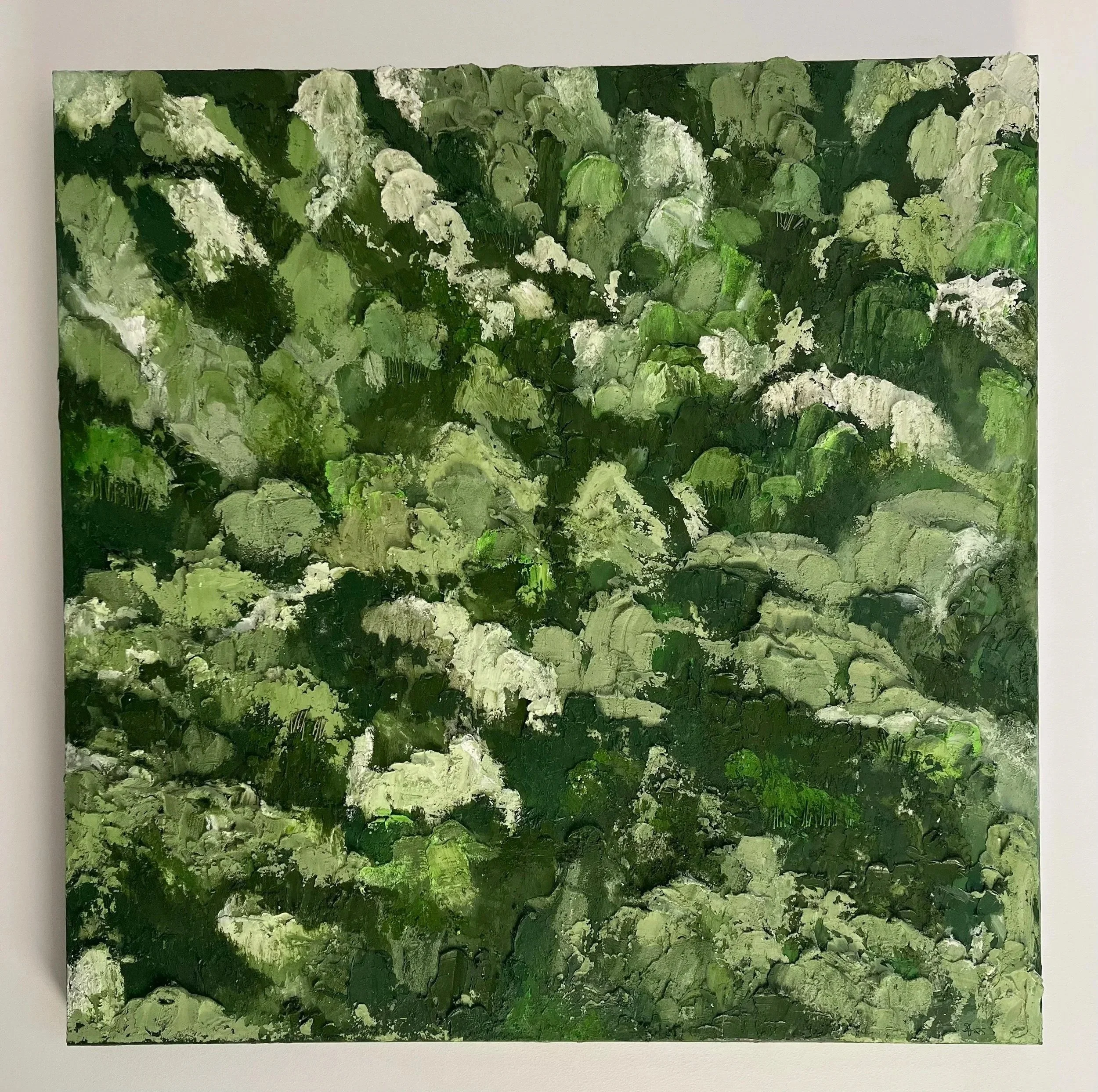 An abstract painting featuring various shades of green and white, with thick, textured brushstrokes creating a leafy, organic pattern.