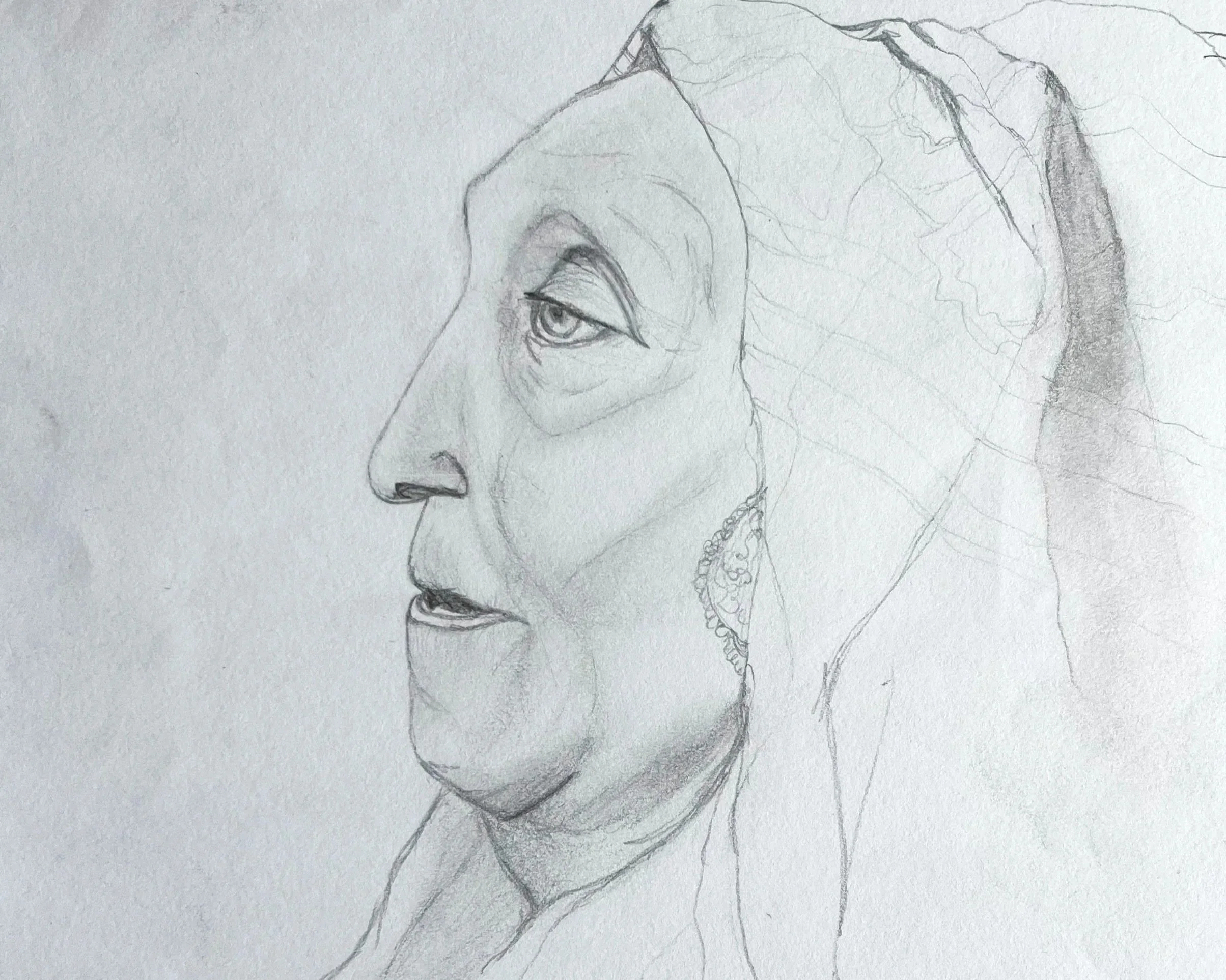 A detailed pencil sketch of a woman's face in profile, featuring a prominent nose, eye, lips, and detailed earrings, with her hair partially drawn.