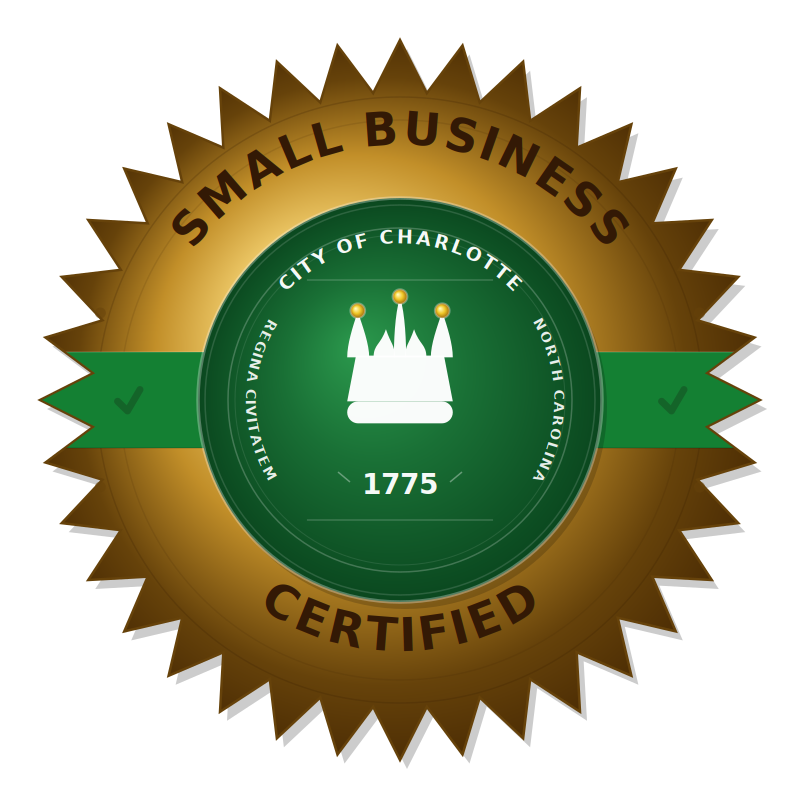 Gold seal with green center that reads 'Small Business Certified' with a crown icon and '1775' below, and around the center 'City of Charlotte,' 'North Carolina,' 'Regina Citawattem'.
