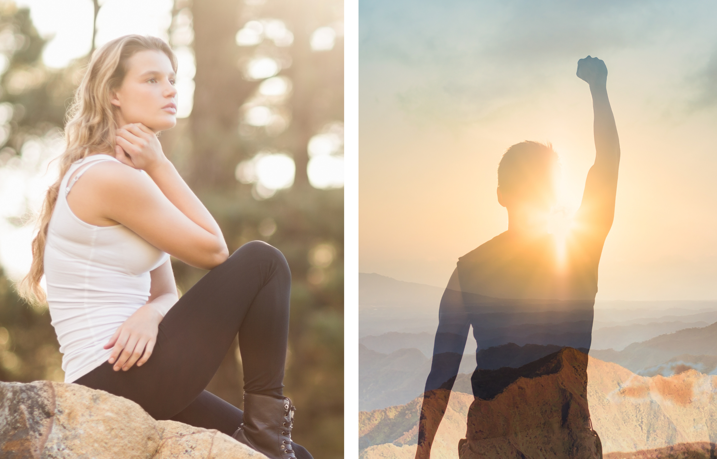 A woman sitting on a rock outdoors during daytime, looking pensively into the distance, with a forested background. A man standing with his arm raised in a triumphant pose against a sunset over mountains, with another mountain landscape beneath