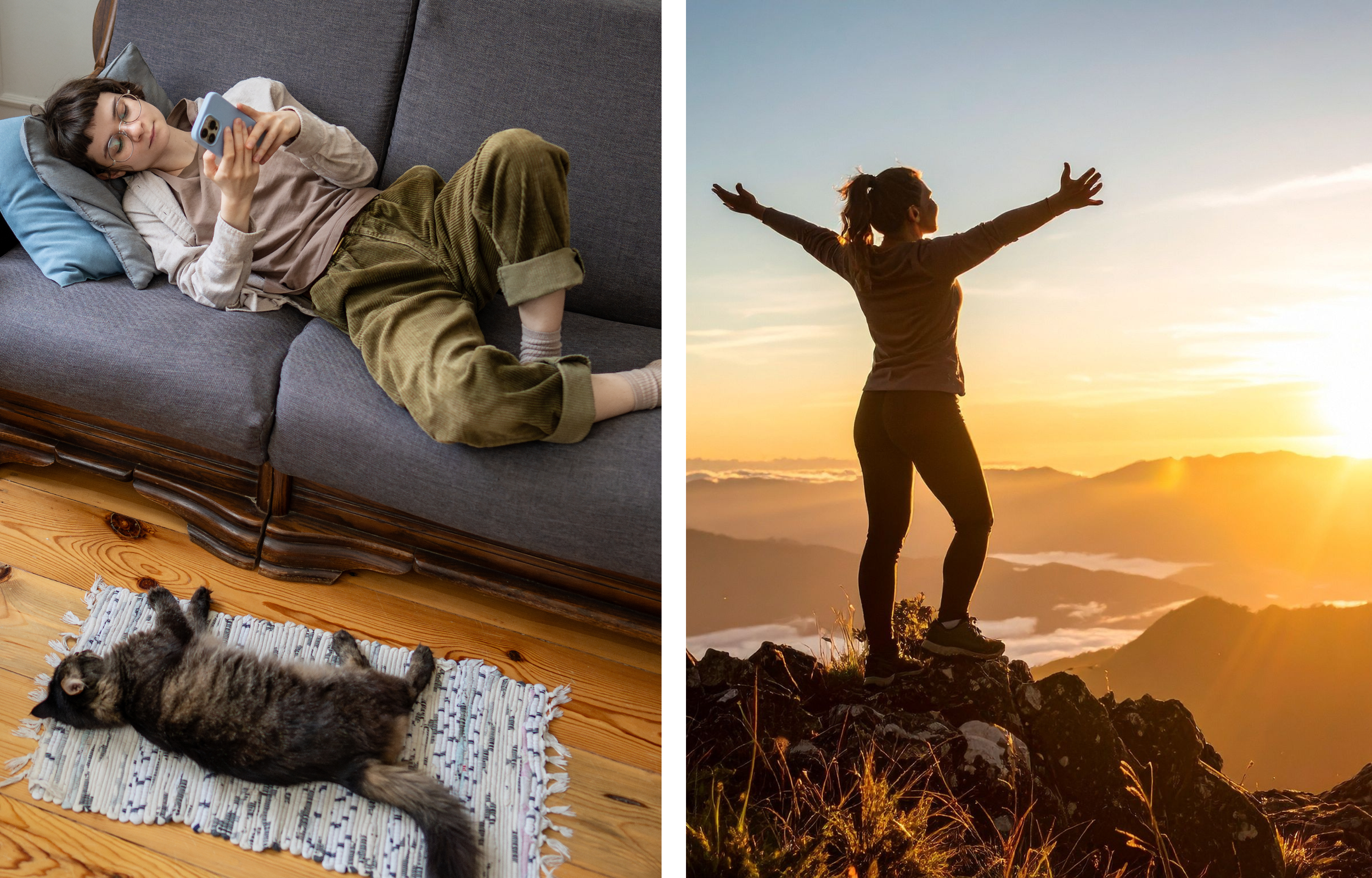 A woman lying on a gray couch using her phone with a kitten sleeping on a small rug on the wooden floor next to her; another woman standing on rocks with arms outstretched at sunset over mountains.