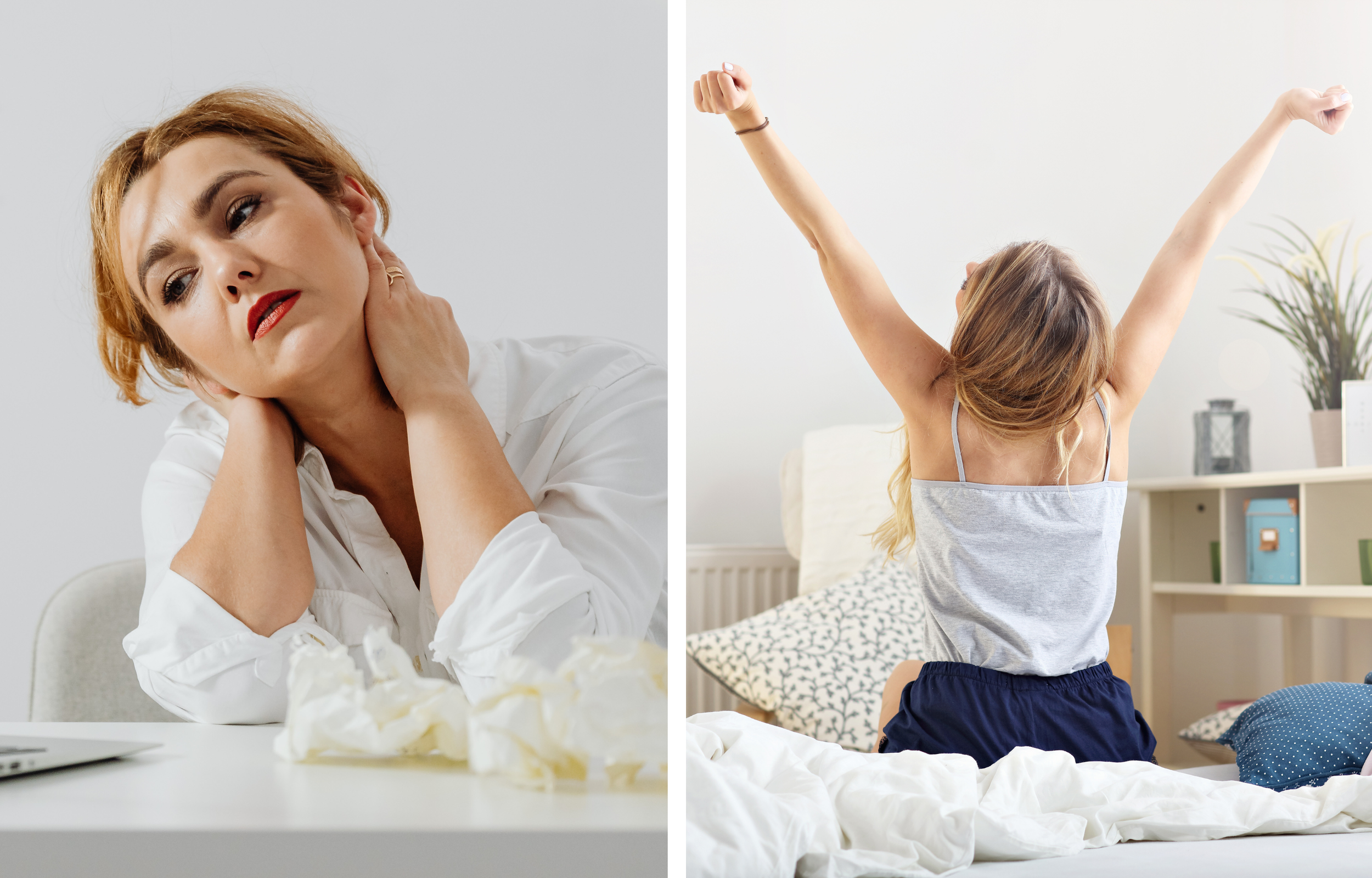 A woman sitting at a table with a pained expression, holding her neck, next to crumpled paper. Another woman is stretching on a bed with arms raised in a relaxed manner.