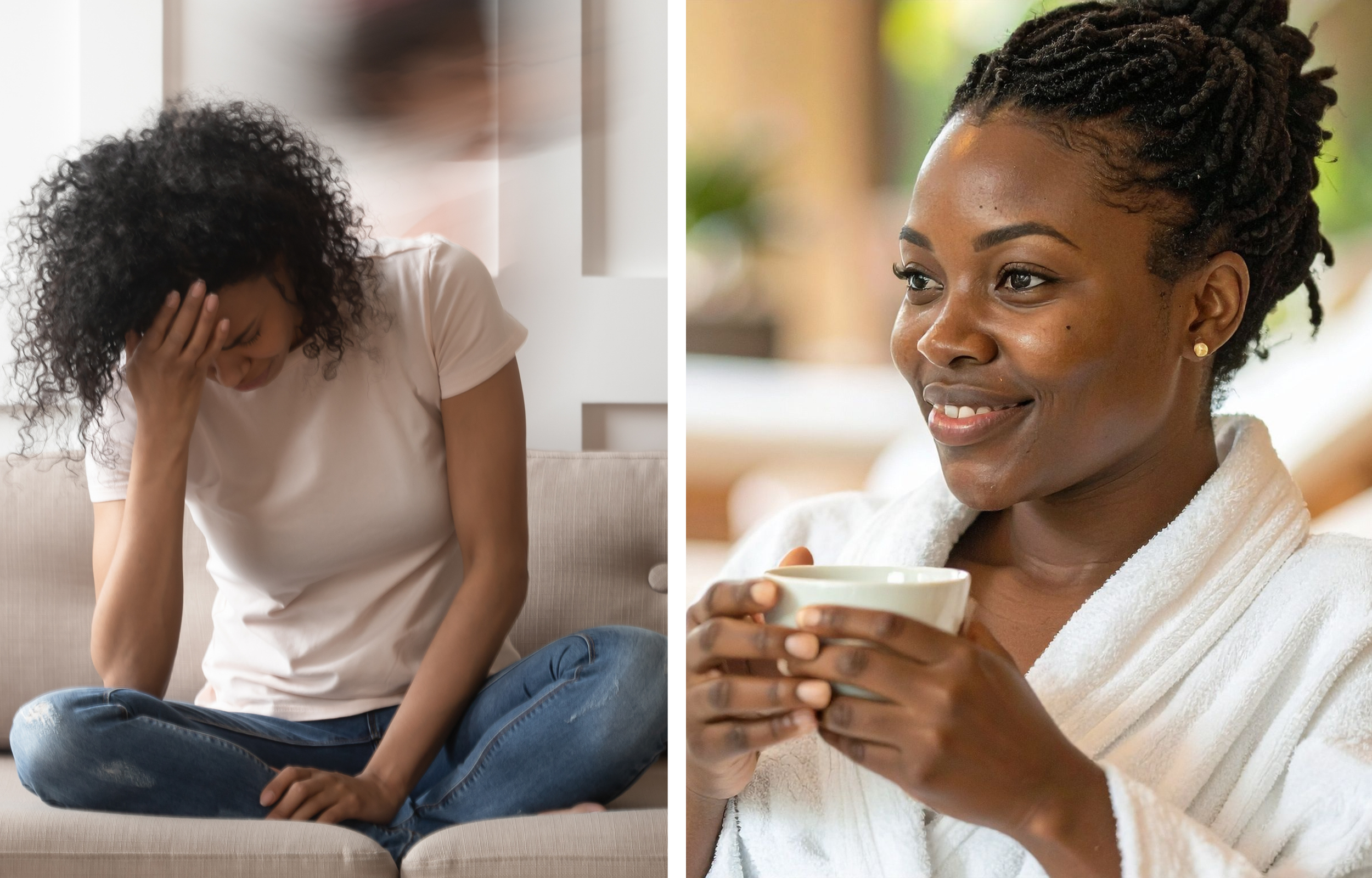 A woman in a white t-shirt and ripped jeans sitting on a sofa, looking distressed, with her hand on her forehead. Next to her, a woman with braided hair wearing a white bathrobe, smiling and holding a cup.