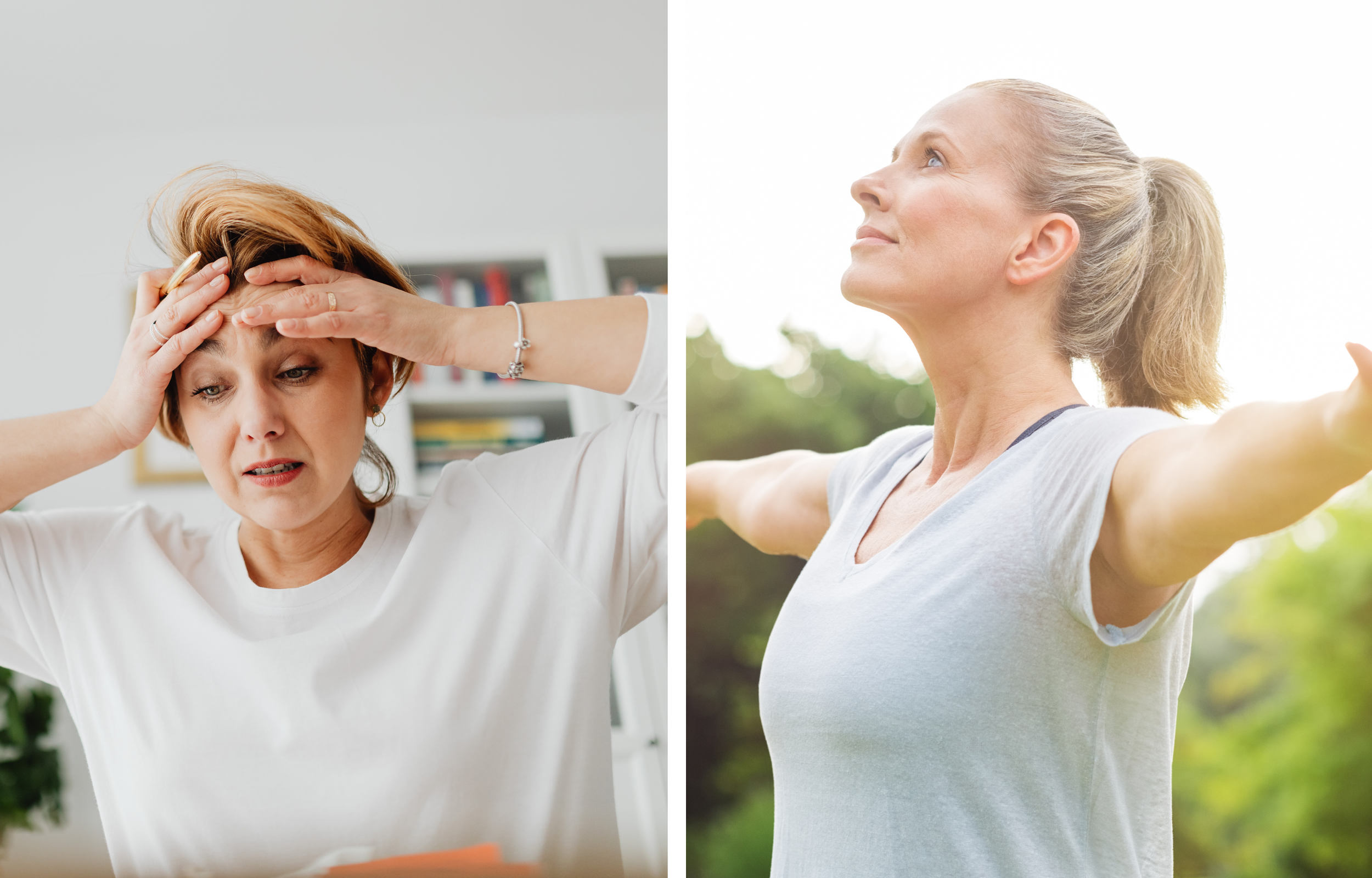 Split-screen image showing a woman on the left with a headache, holding her forehead, and a woman on the right outdoors with arms outstretched, smiling and enjoying nature.