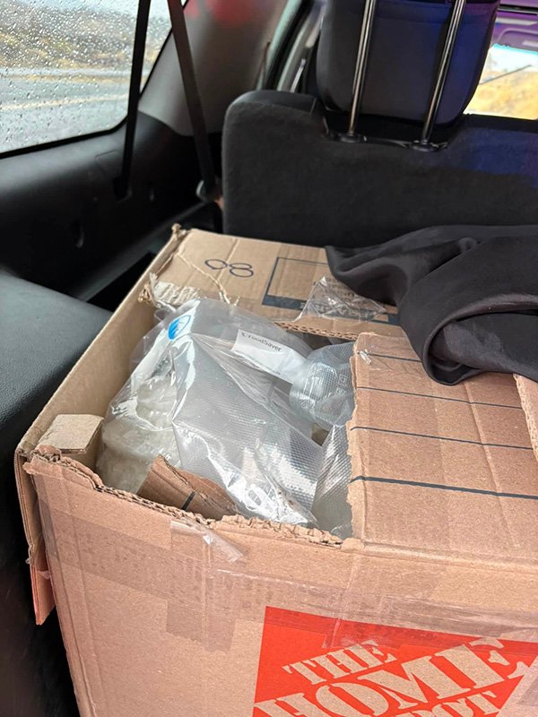   Methamphetamine Found During Traffic Stop:  A cardboard box containing packaged materials inside the vehicle searched by a Siskiyou County Sheriff's Office sergeant on October 22. Investigators reported finding nearly 100 pounds of methamphetamine 