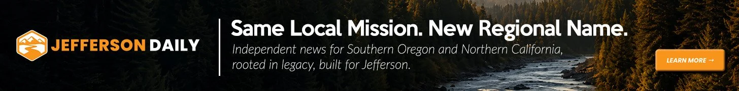 Jefferson Daily newspaper banner with a background image of a river and forest, featuring the headline 'Same Local Mission. New Regional Name.' and a call-to-action button that says 'Learn More'.