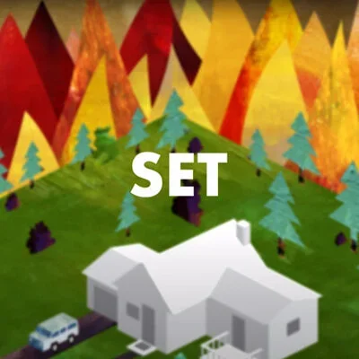 Illustration of a house surrounded by trees with a forest and mountains in the background, with the word 'SET' in large white letters.