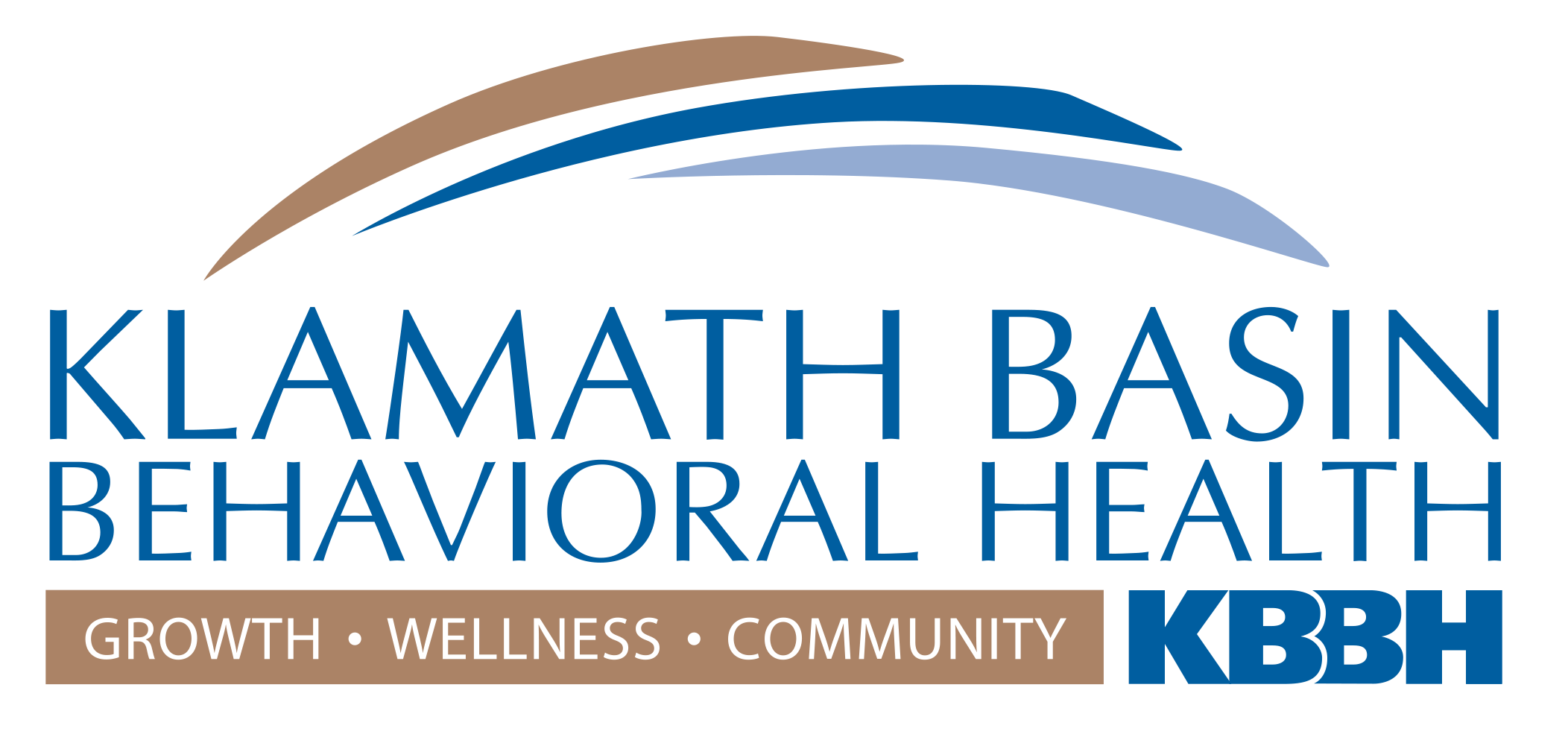 Klamath Basin Behavioral Health logo featuring a stylized bird with brown and blue feathers, the text "Klamath Basin Behavioral Health" in blue, and a brown banner with the words "Growth, Wellness, Community."