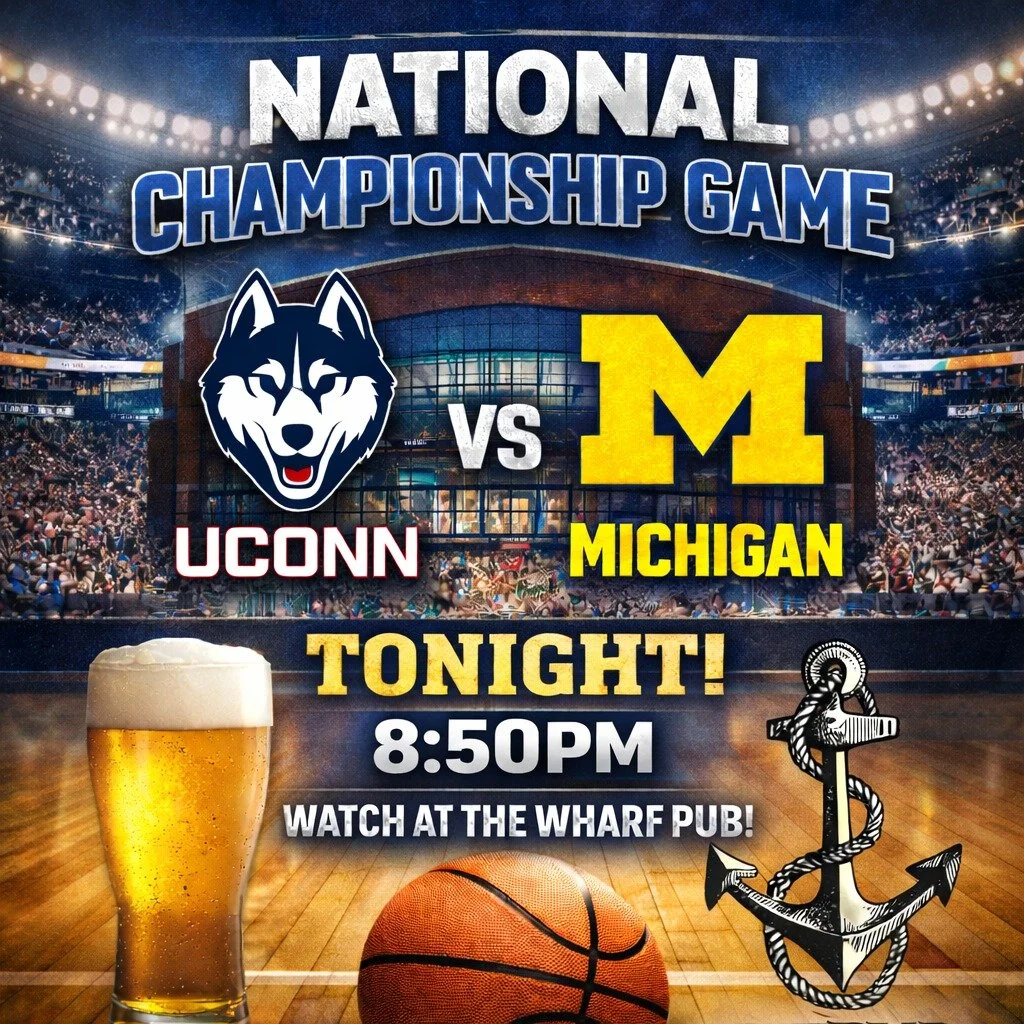 Championship night 🏀
UConn vs Michigan &mdash; tip-off at 8:50
Good crowd, cold drinks, and the game ON.

Is it a Monday? Yes... 
Is the Wharf still the place to be tonight? You already know the answer...

See you here!

#MarchMadness #FinalFour #Wh