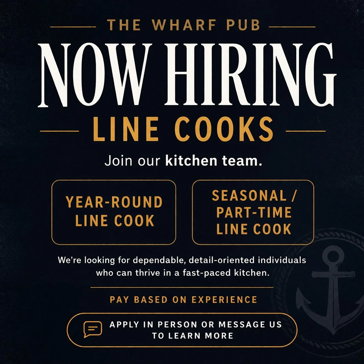 We are looking to add motivated, reliable individuals to our kitchen team!

Now hiring:
&bull; Year-Round Line Cook
&bull; Seasonal / Part-Time Line Cook

This is an opportunity to join a busy, well-run kitchen with a strong team environment. We&rsqu