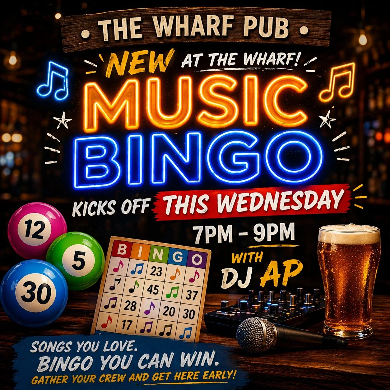 WEDNESDAYS JUST GOT BETTER 🎶

Music Bingo starts this week 7&ndash;9PM | DJ AP | Every Wednesday 

Food, Drinks, Music, Wharf&hellip; What could be better? 

�You&rsquo;re either gonna be here&hellip; or gonna be hearing about it!

#WharfPub #Edgart