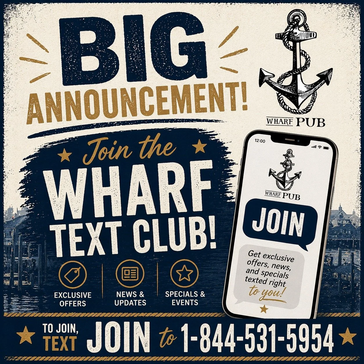 BIG ANNOUNCEMENT... The Wharf just leveled up!

Introducing the Wharf Text Club... Your inside line for everything Wharf!

If you&rsquo;re not on it, you&rsquo;re missing it.

Text JOIN to 1-844-531-5954 and get in now!

#Edgartown
#MarthasVineyard
#